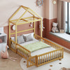 Wooden Floor Bed with Fence Railings and Detachable House Shape Headboard,Full Size Bed with Kids Dress Up Rack, Kids Montessori Style Playhouse Frame for Girls Boys, Natural