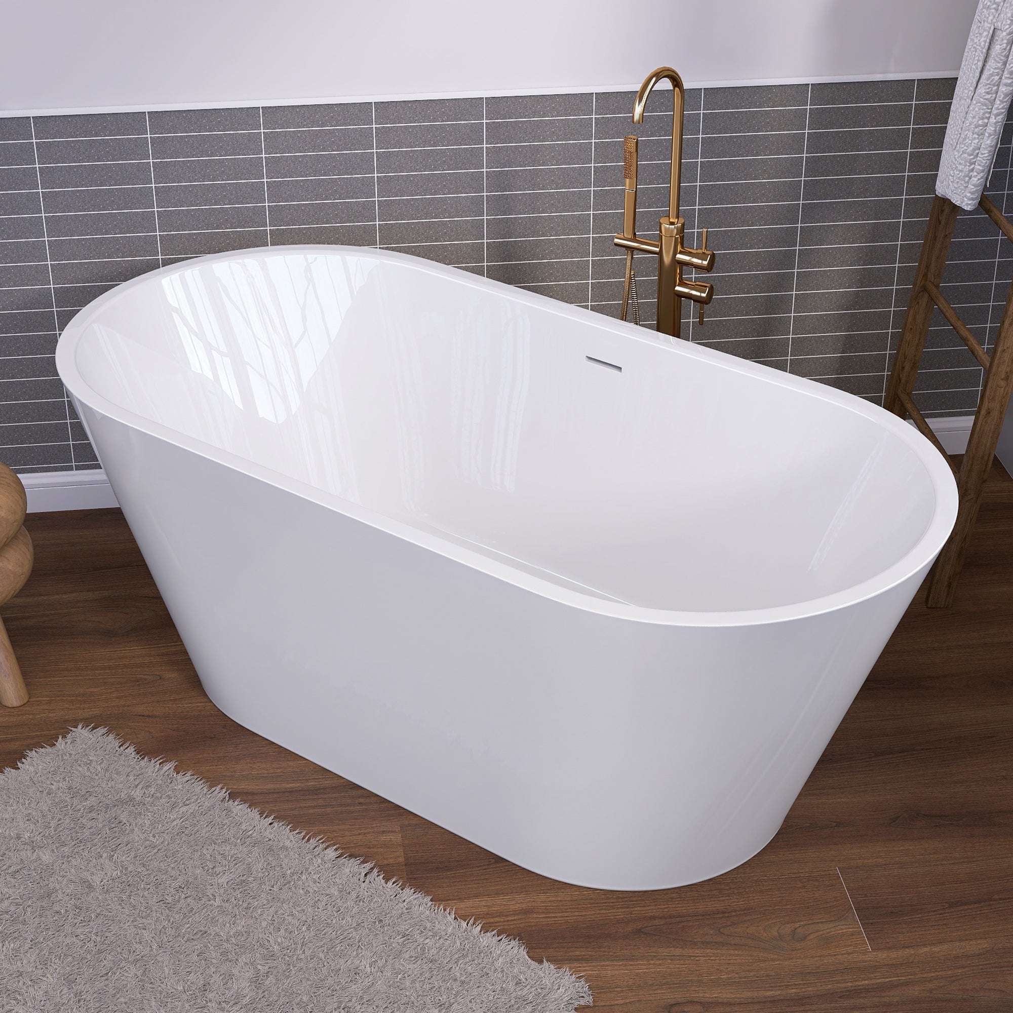 55" Acrylic Freestanding Bathtub Contemporary Soaking White Tub with Overflow and Pop-up Drain Gloss White