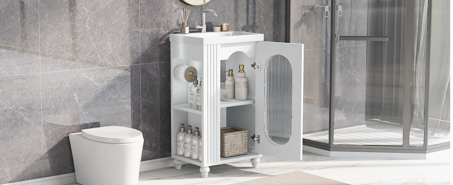 20" Bathroom Vanity with Sink, Bathroom Vanity Cabinet with Two-tier Shelf, Adjustable Shelf, Solid Wood and MDF, White