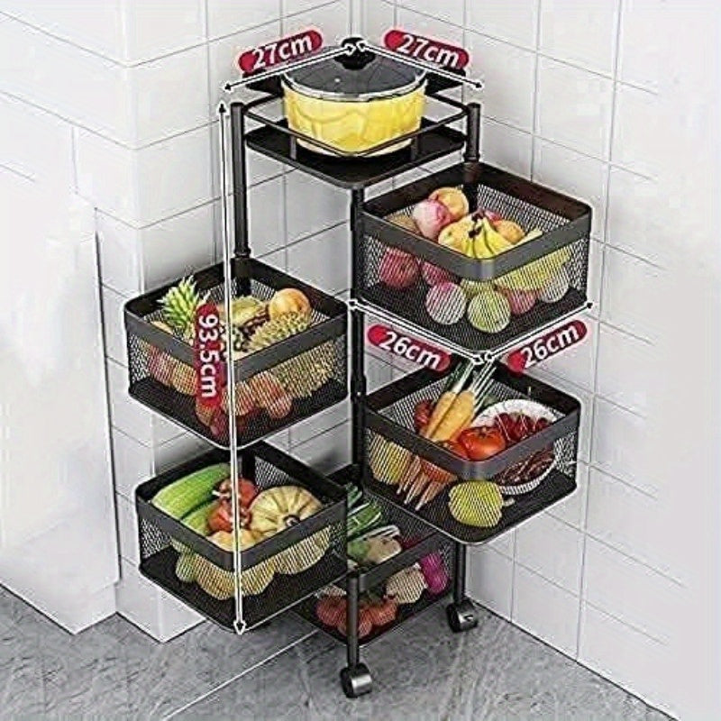 Rotating Kitchen Storage Shelf 5 Tier, Metal Fruit Vegetable Storage Basket Multi-Layer Vegetable Rack Storage Trolley on Wheels, Floor-Standing Basket for Kitchen Bathroom, Square