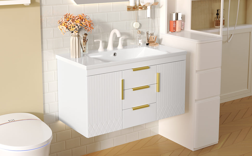 36'' Wall Mounted Bathroom Vanity with Resin Sink, Floating Bathroom Storage Cabinet with 2 Drawers, Solid Wood Bathroom Cabinet