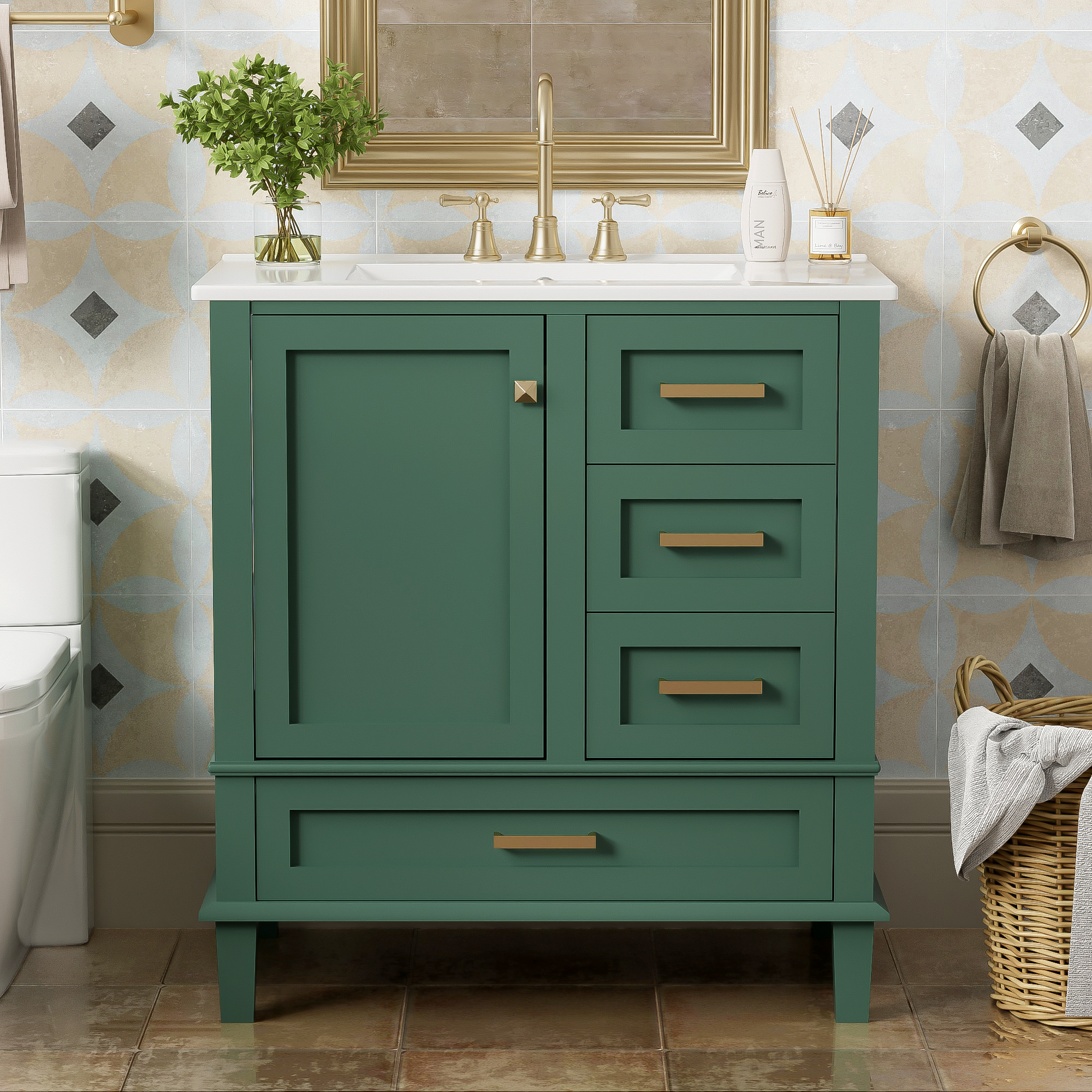 30" Bathroom Vanity in Green, Modern Bathroom Cabinet with Sink Combo Set, Bathroom Storage Cabinet with a Soft Closing Door and 3 Drawers, Solid Wood Frame