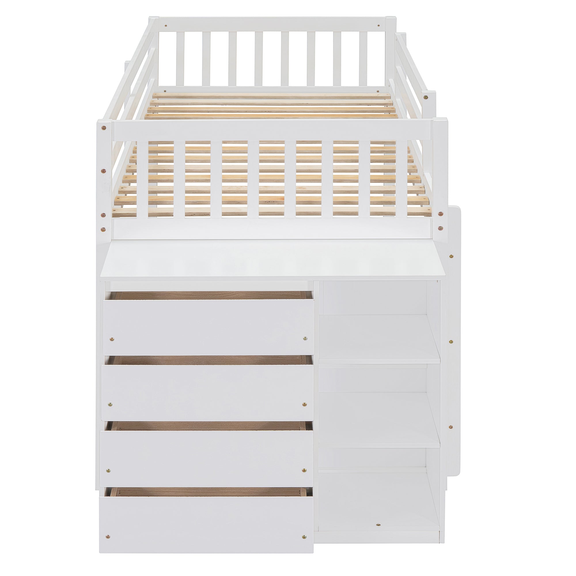 Twin over Twin Bunk Bed with 4 Drawers and 3 Shelves-White