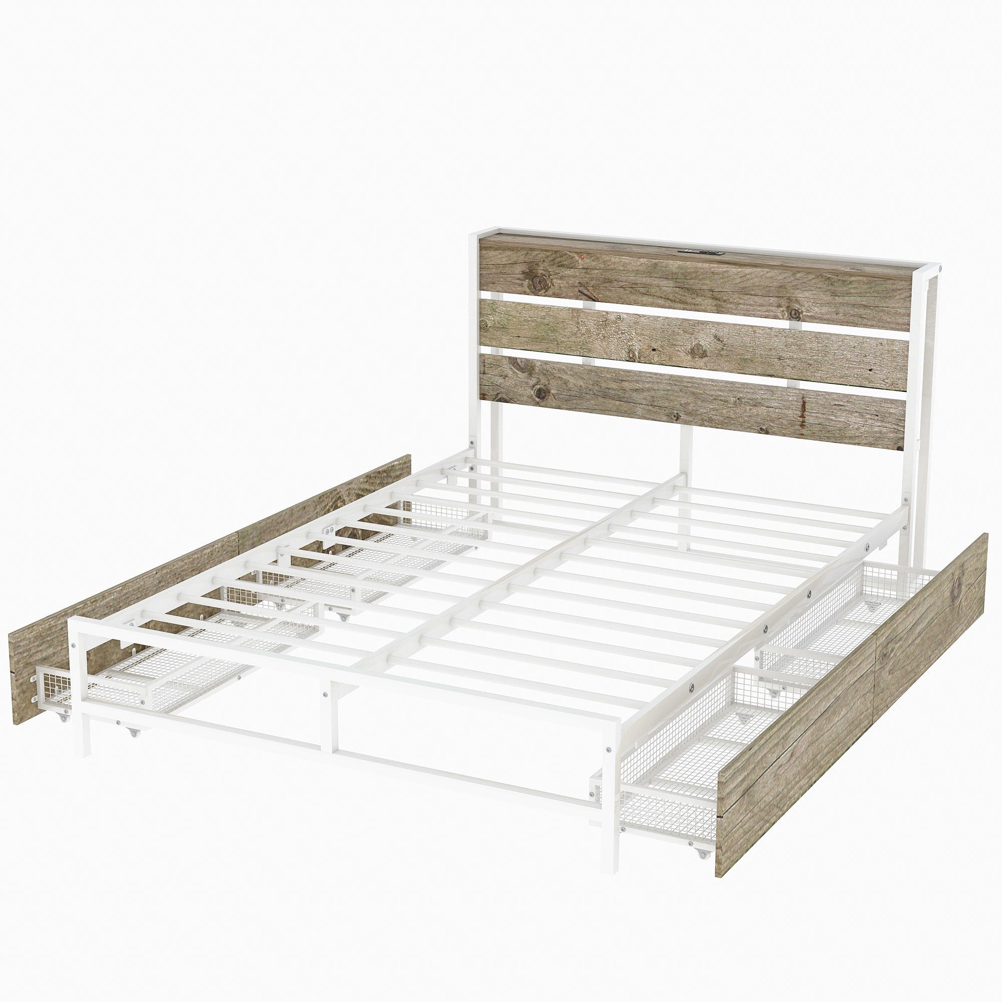 Metal Platform Bed With Four drawers, Sockets and USB Ports, Full, White