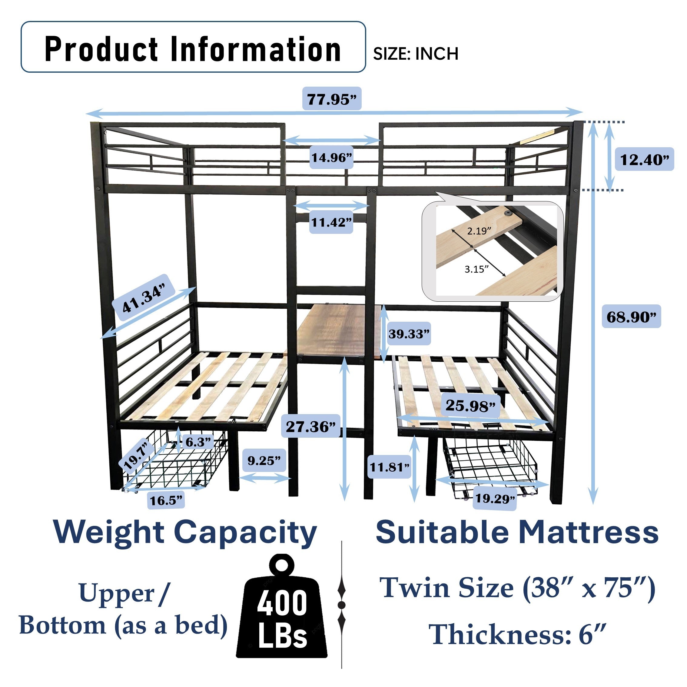 Twin Size Loft Bed with Table Sets Transformable to Twin over Twin Bunk