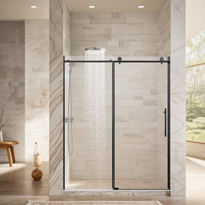 56-72 x 76 in Round-Tube Single Sliding Shower Door - 56-60 x 76 in / 1/4 in Glass / Matte Black view 1