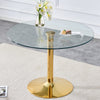 A 39.7-inch diameter glass top and a modern, minimalist round dining table with gold metal legs. Ideal for dining rooms, living rooms and meeting rooms. Model: DT-1166