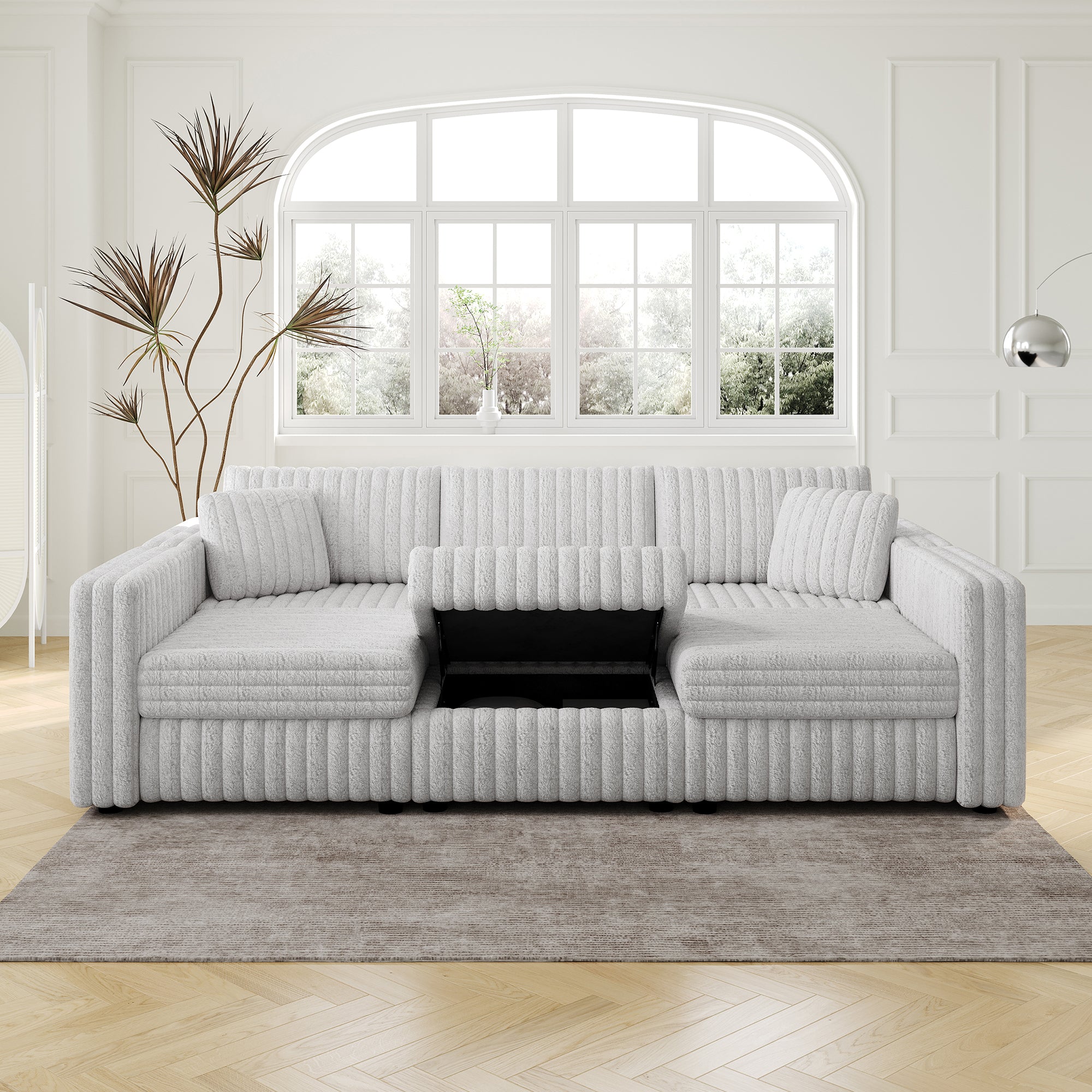 106.3" Soft Rabbit Plush U-shaped 6-Person Sofa. Matches 30.7" Ottoman with Hydraulic Lift. Comfortable & Stylish. For Bedroom & Living Room. Light Gray. Modern Furniture. Modular Design.