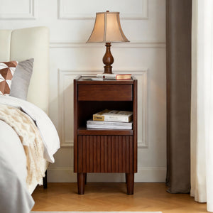 Narrow wooden nightstand with 1 drawer and open shelves, wood-tone finish, front view