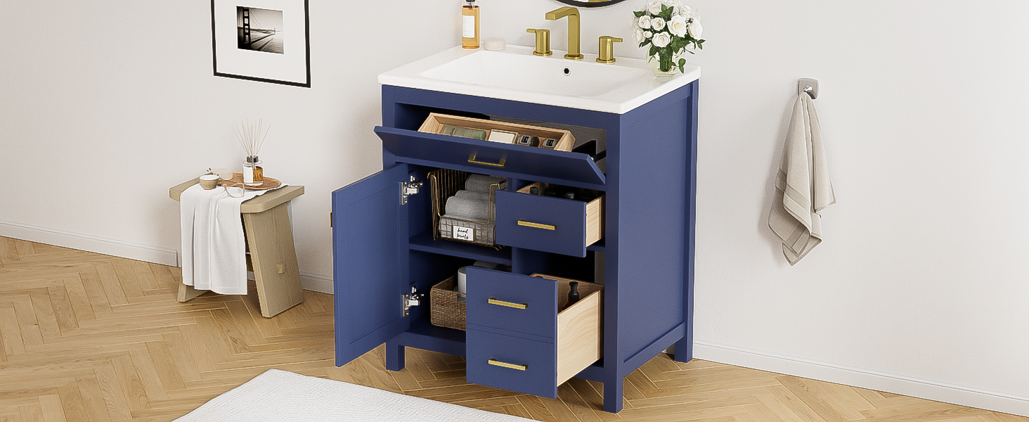 30-Inch Blue Bathroom Vanity with Ceramic Sink and Ample Storage - Ideal Choice for Small Bathrooms