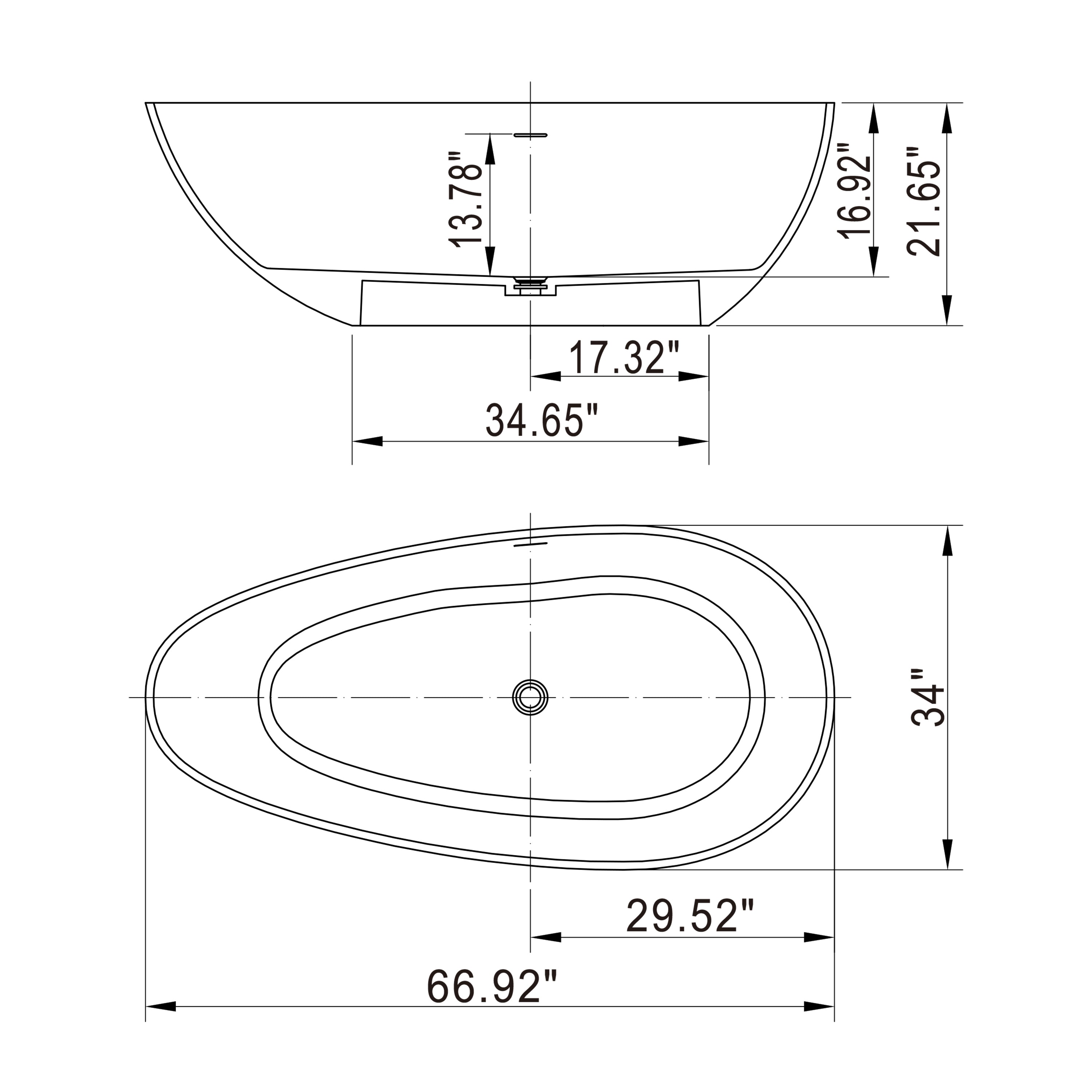 66.9"  freestanding solid surface soaking bathtub for bathroom