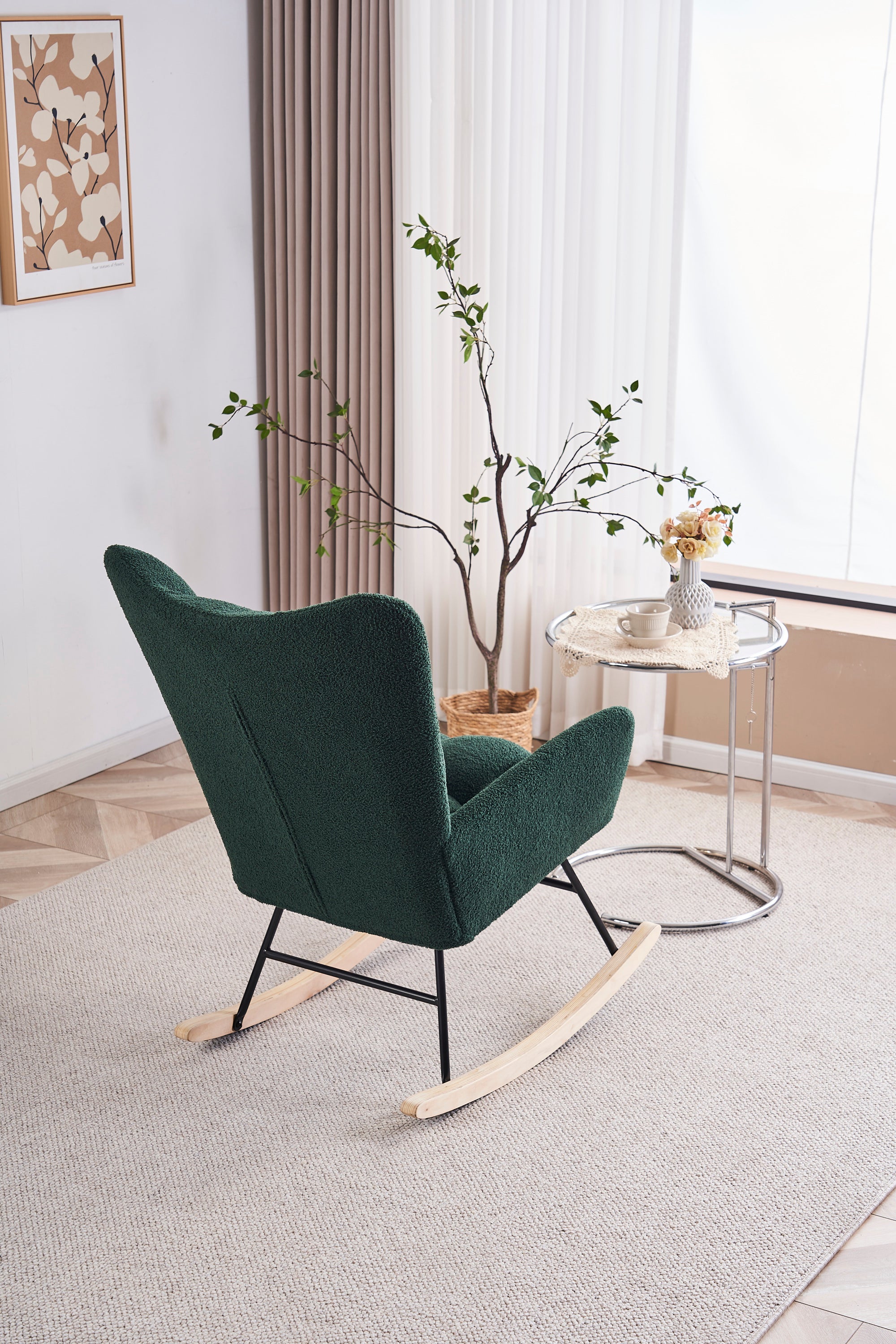 Rocking Chair Nursery, Solid Wood Legs Reading Chair with Teddy Fabric Upholstered , Nap Armchair for Living Rooms, Bedrooms, Offices, Best Gift,Emerald Teddy fabric