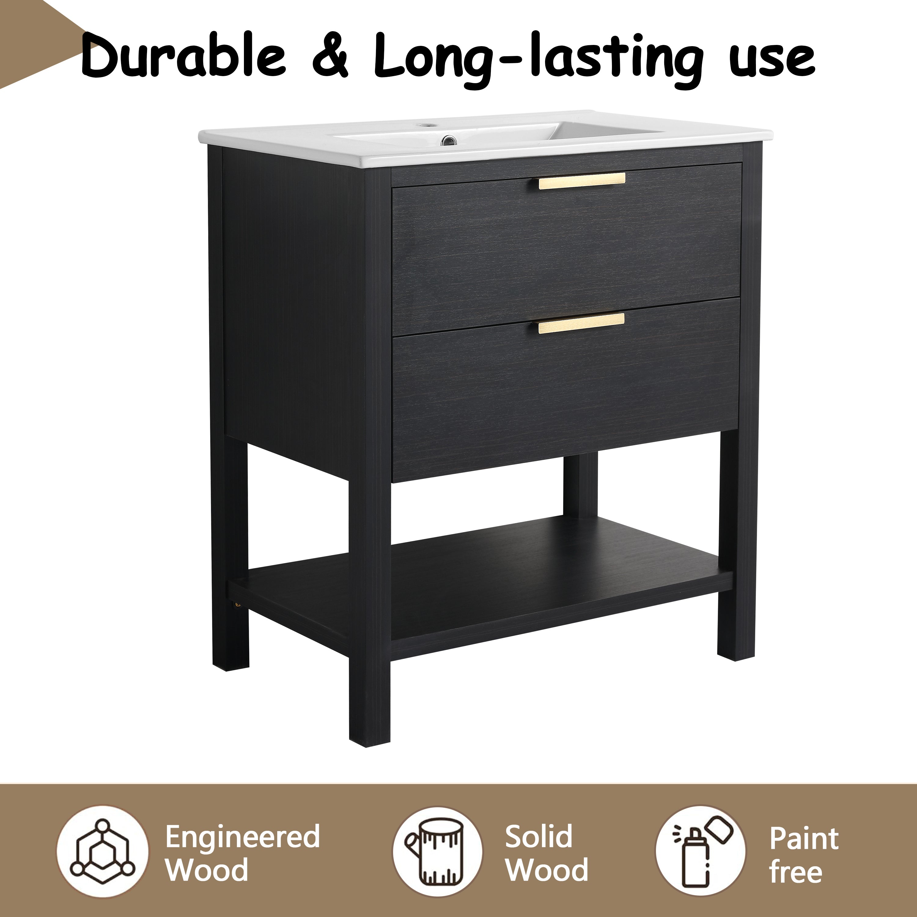 30 inch Bathroom Vanity With Sink and 2 Soft Close Drawers, Golden Handle-BVB01030BCTG-BL9075B