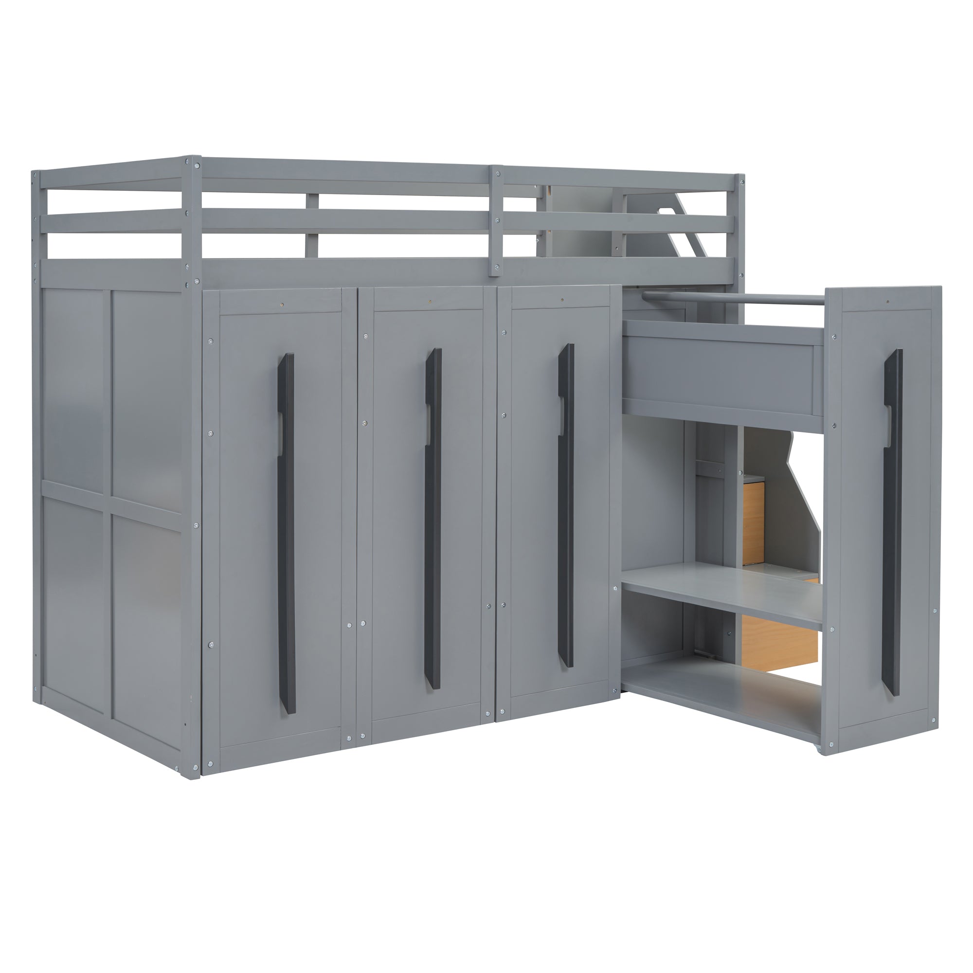 Modern Loft Bed with Two-Tone Storage Stairs and Pull-Out Wardrobes, Gray