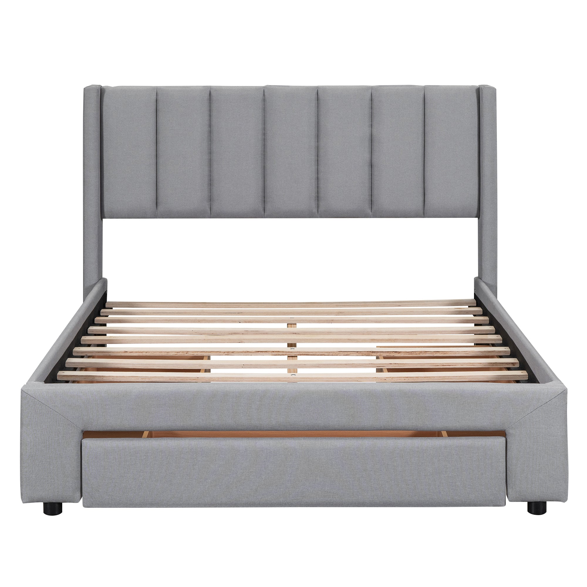 Queen Size Upholstered Platform Bed with One Large Drawer in the Footboard and Drawer on Each Side,Gray