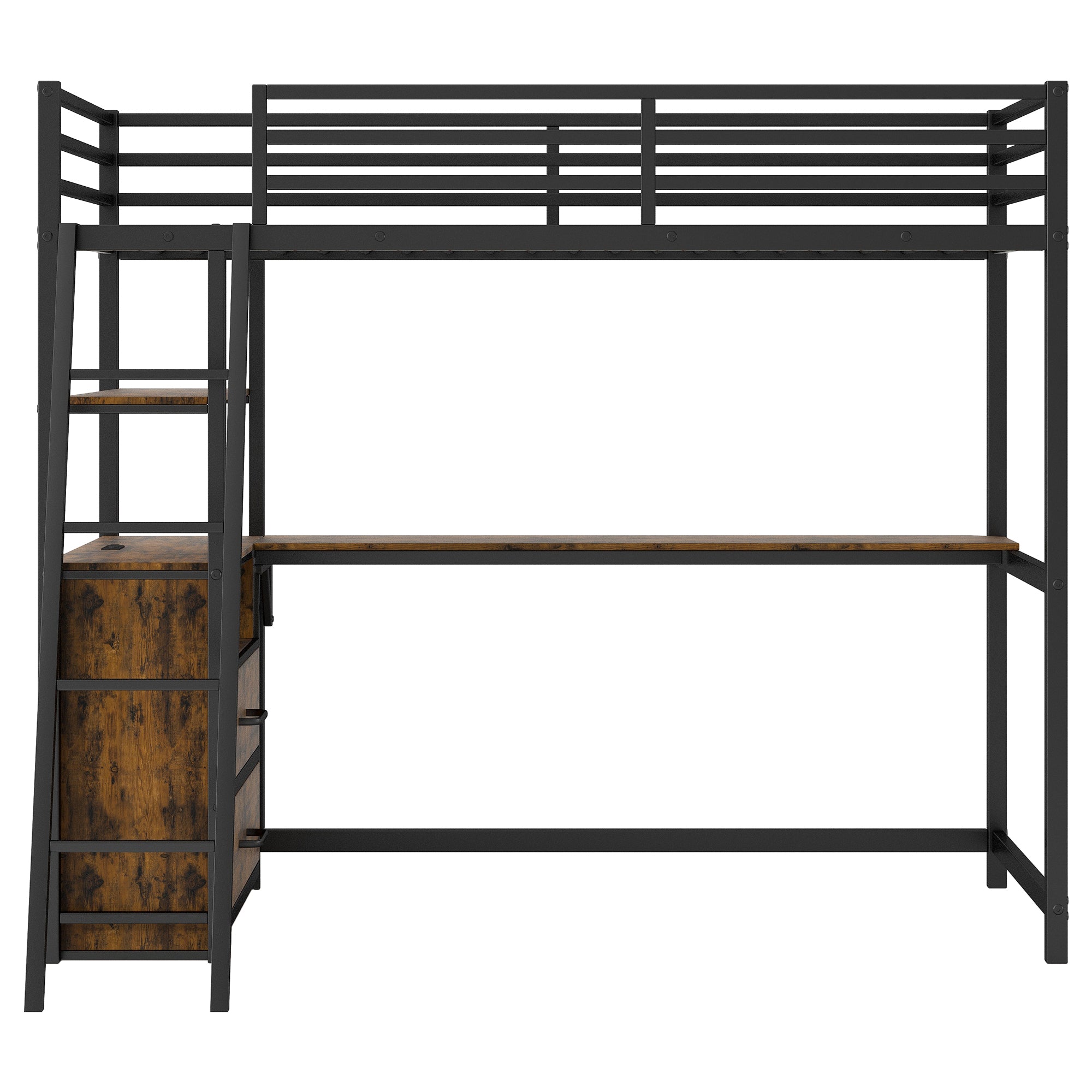 Twin Size Metal&Wood Loft Bed with Desk and Shelves, Two Built-in Drawers, LED Light and USB Charging Station, Black