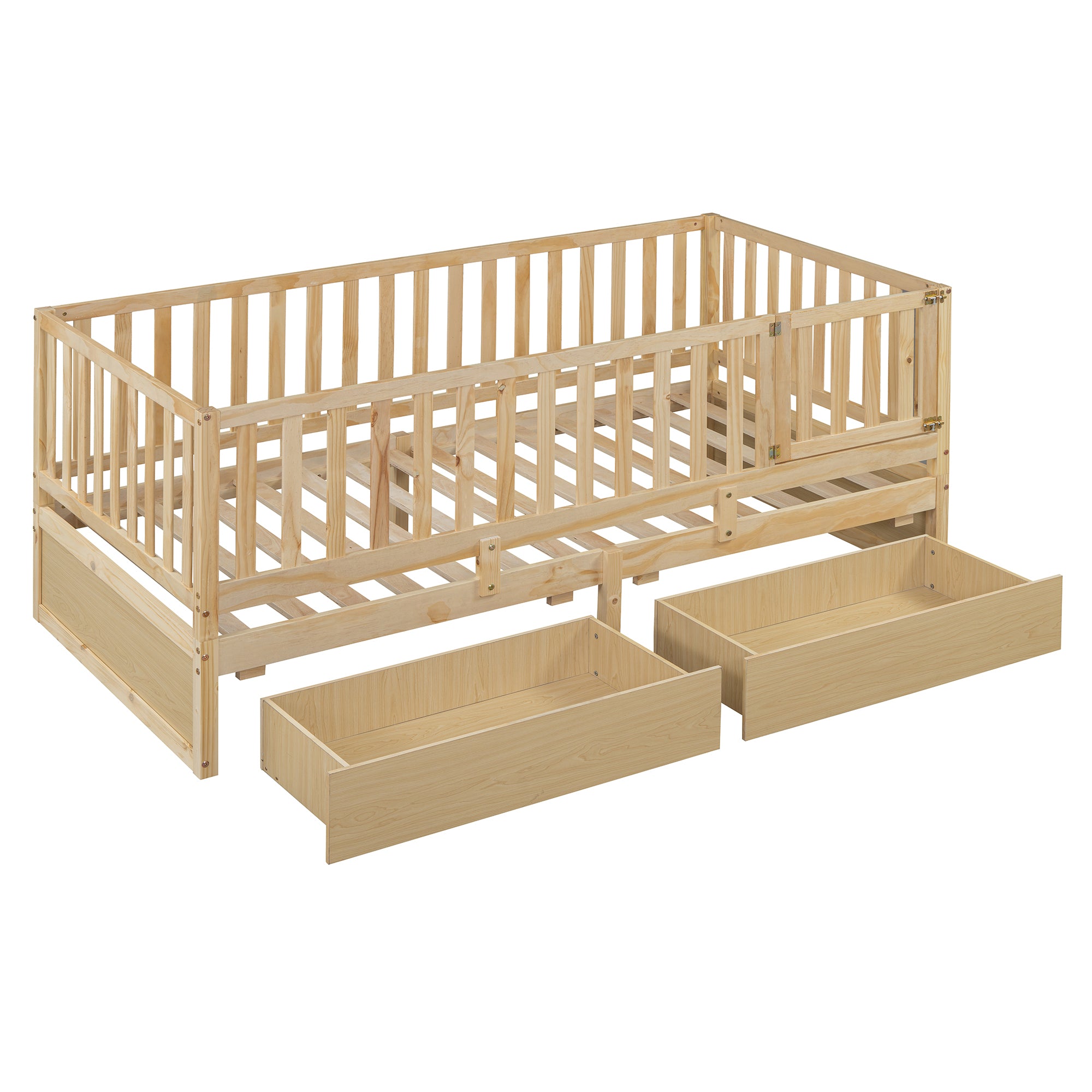 Twin Size Wood Daybed with Fence Guardrails and 2 Drawers, Split into Independent Floor Bed & Daybed, Natural(OLD SKU :LP000881AAN)