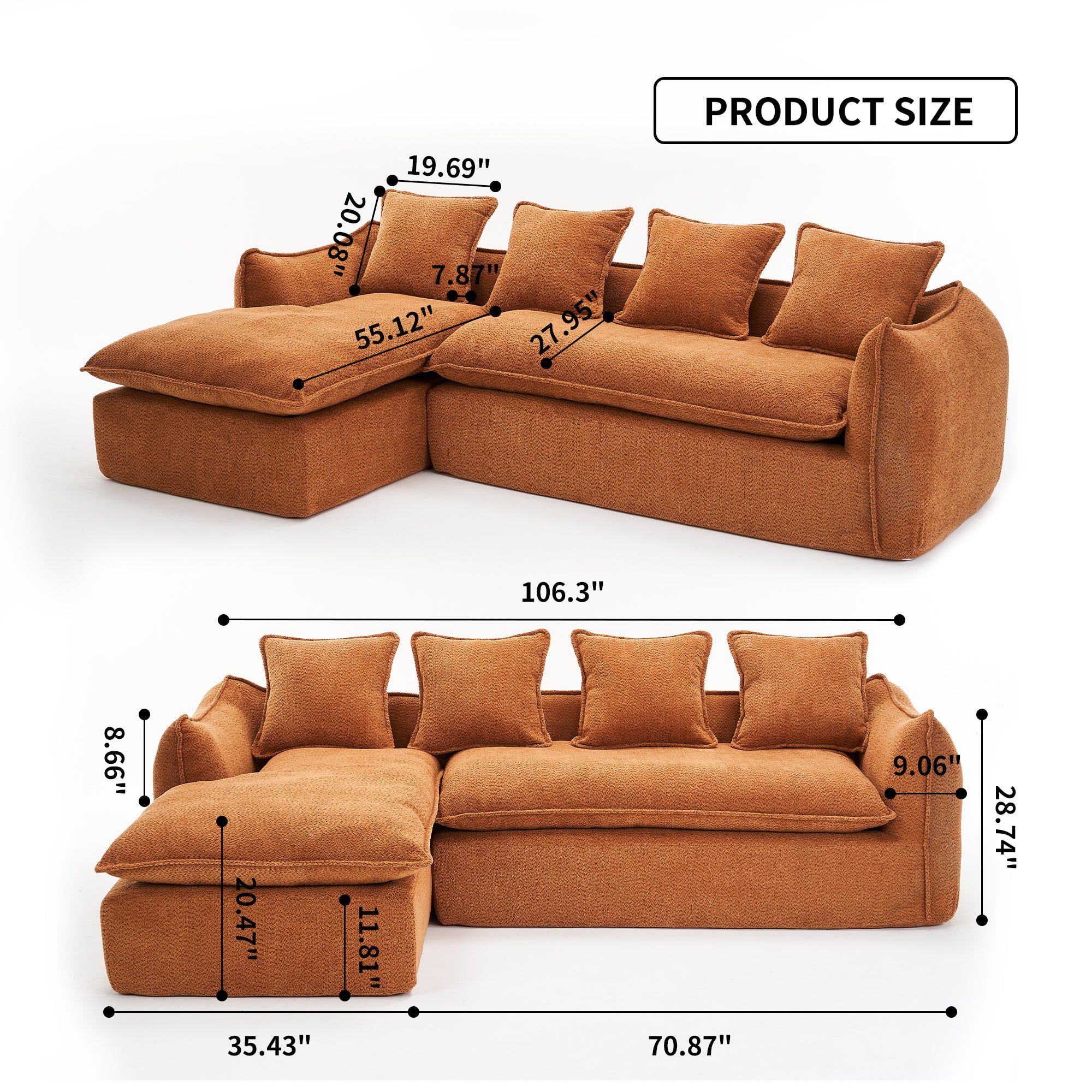 VIDEO provided  Sofa Deep Seat Sofa 3 Seater for Living Room Oversized Comfy Sofa L-Shape Sofa Couch with Chaise Home Furniture Sleeper Sectional Sofa for Apartment, Office Left Hand Facing