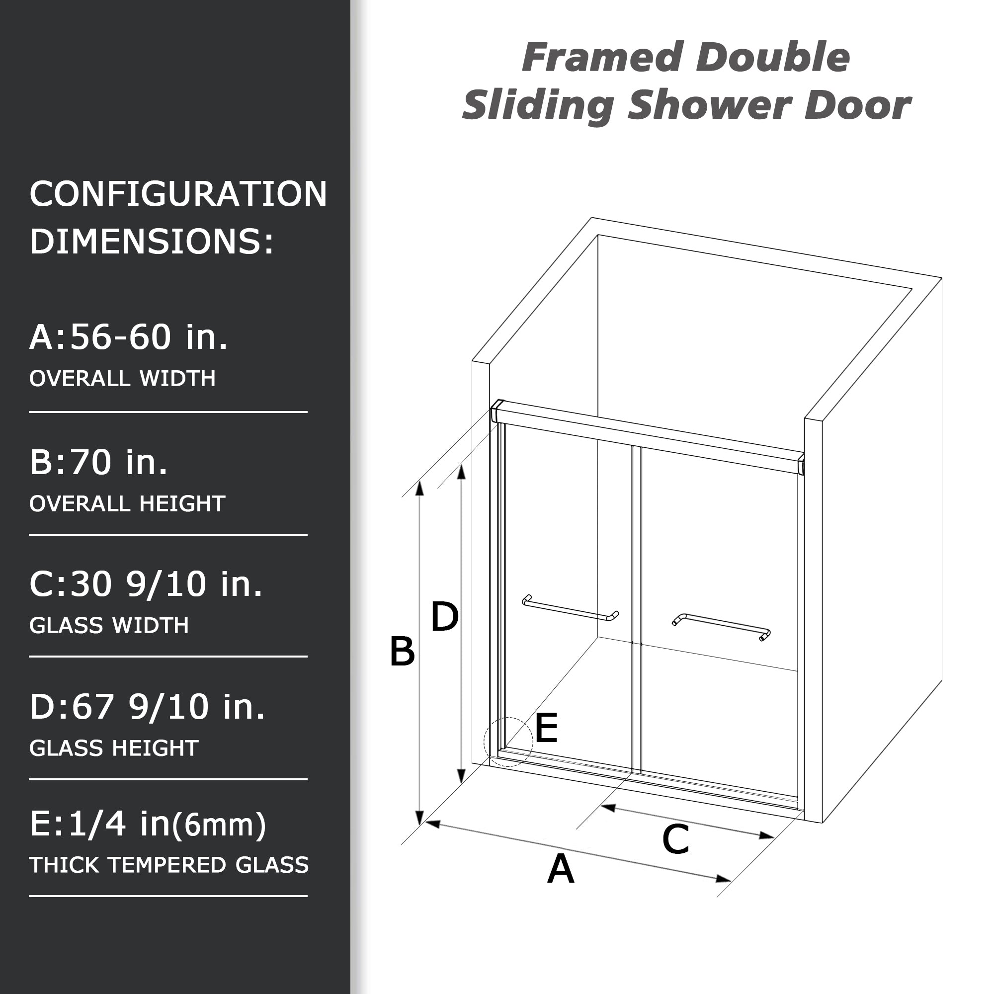 56"-60"W x 70"H Framed Shower Door, Bathroom Double Sliding Shower Door, 1/4" (6mm) Clear Tempered Glass, Bypass Glass Door, Matte Black Finish