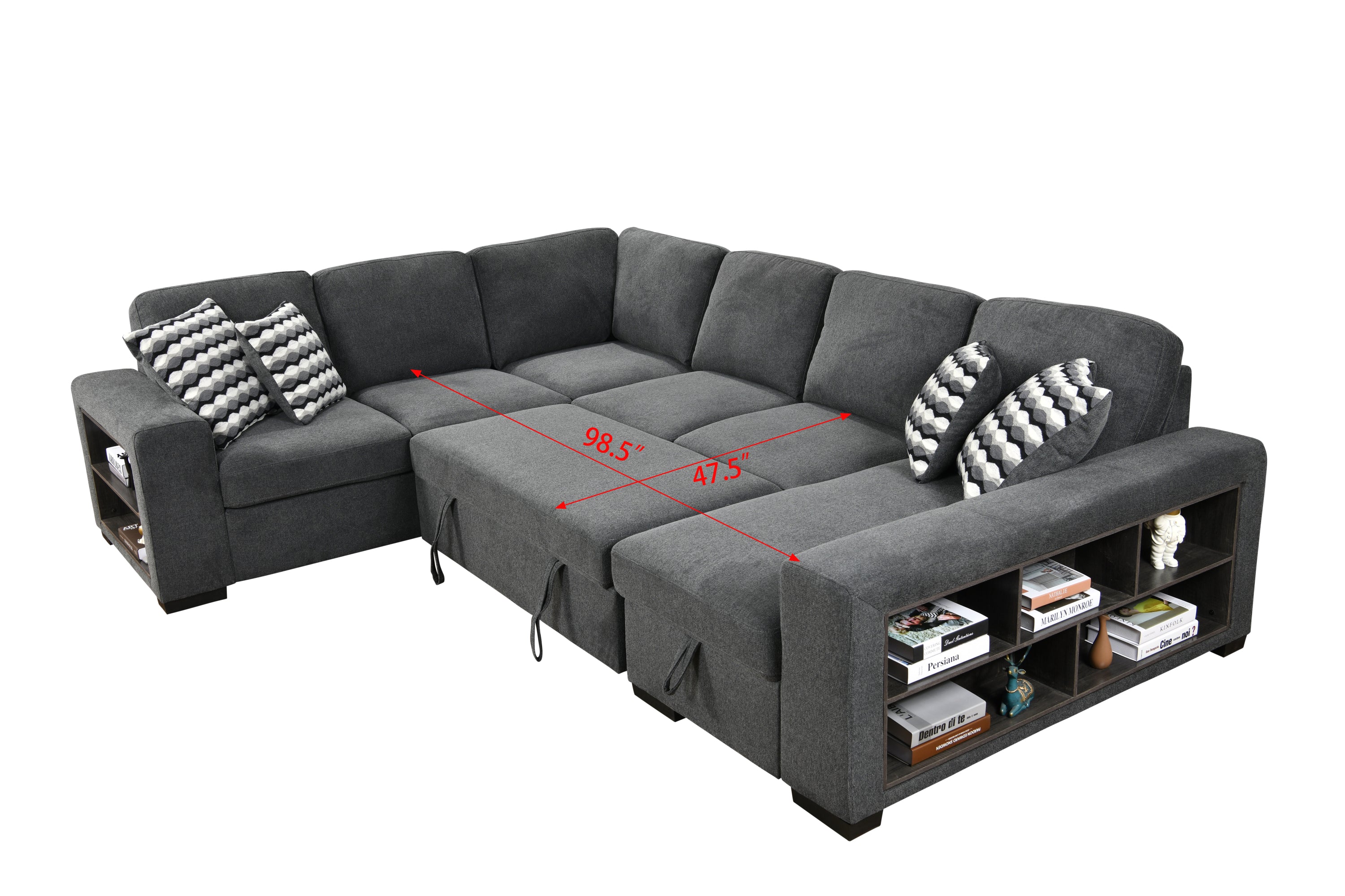 125'' Modern U Shaped 7 Seat Sectional Sofa Couch with Cabinet,Sofa Bed with Storage Chaise-Pull Out Couch Bed for Living Room,Dark Gray