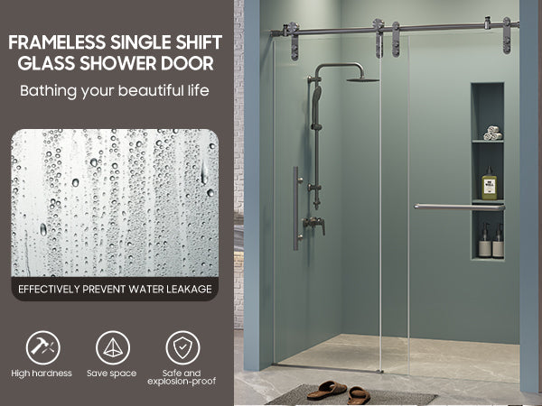 Frameless Shower Doors 60" W x 76"H with 5/16"(8mm) Clear Tempered Glass,  304 Nickel Brushed Stainless Steel Large Roller, Nickel Nrushed Metal Water Bar Left-Right Invertibility