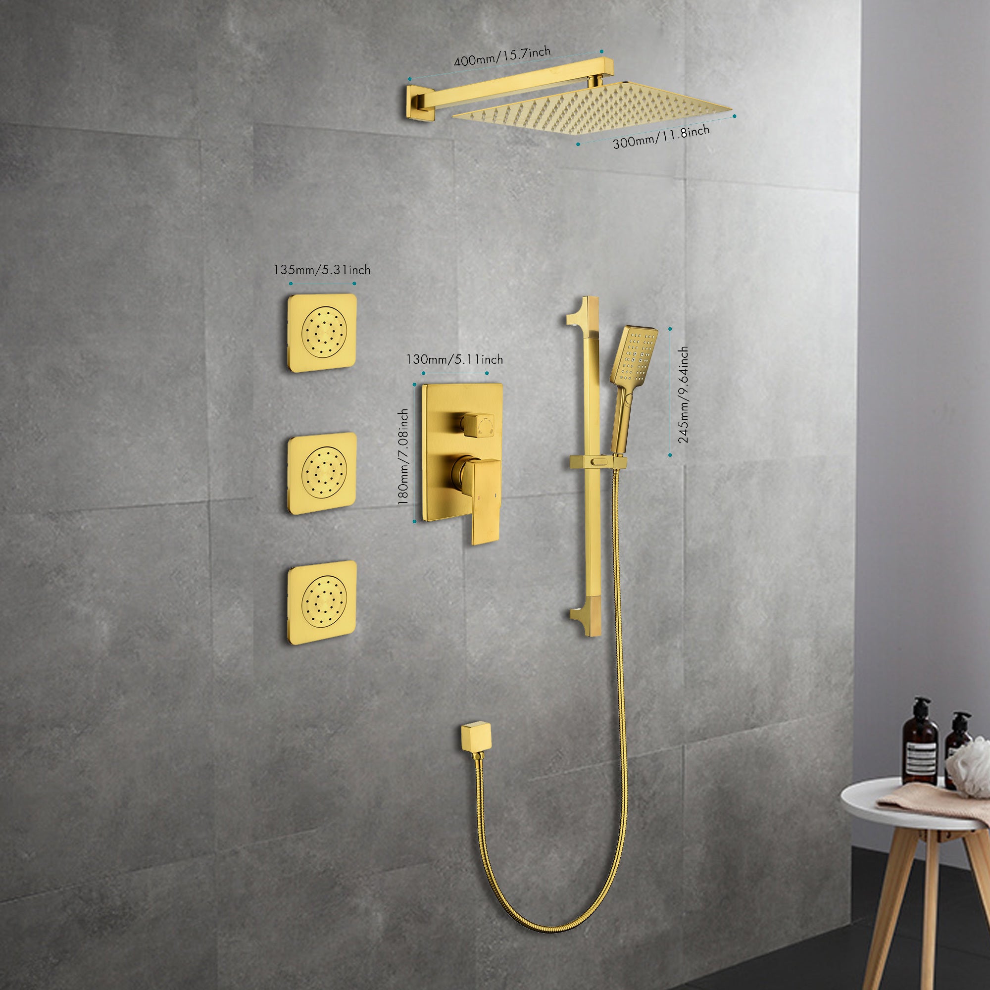 Shower System with Shower Head, Hand Shower, Slide Bar, Bodysprays, Shower Arm, Hose, Valve Trim, and Lever Handles