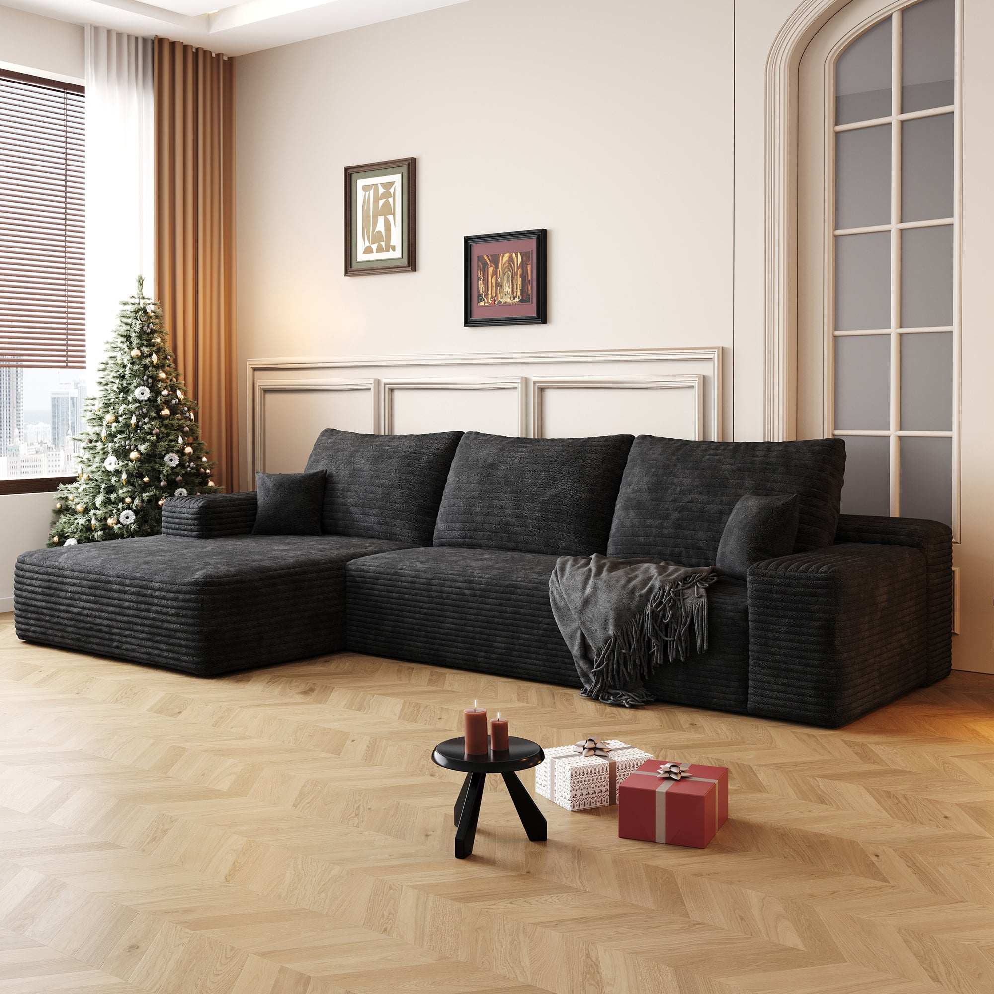 Black corduroy modular sectional sofa with chaise, angled view