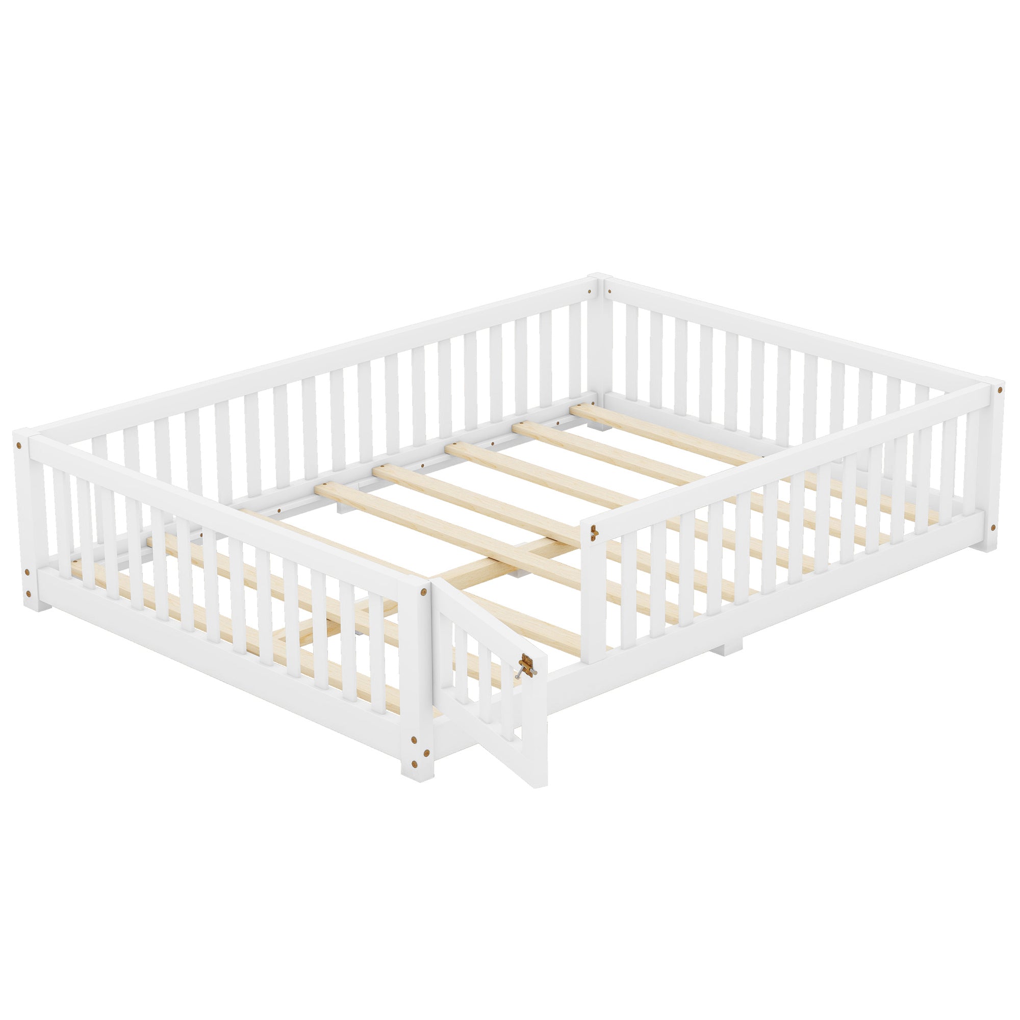 Full Size Bed Floor Bed with Safety Guardrails and Door for Kids, White(Old SKU: W158090689)