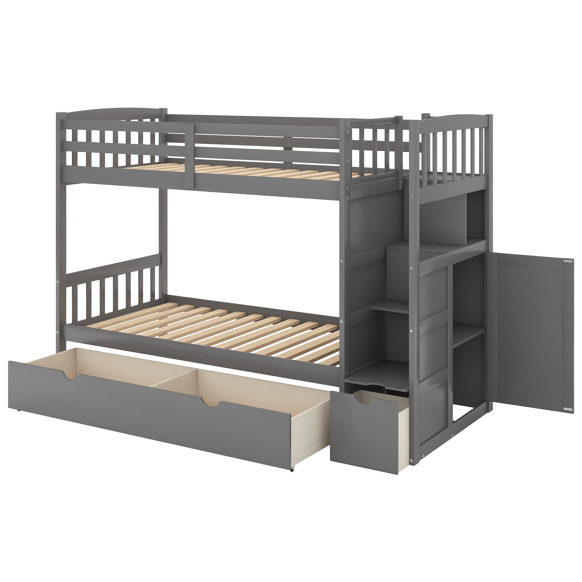 Twin over Full/Twin Bunk Bed, Convertible Bottom Bed, Storage Shelves and Drawers, Gray