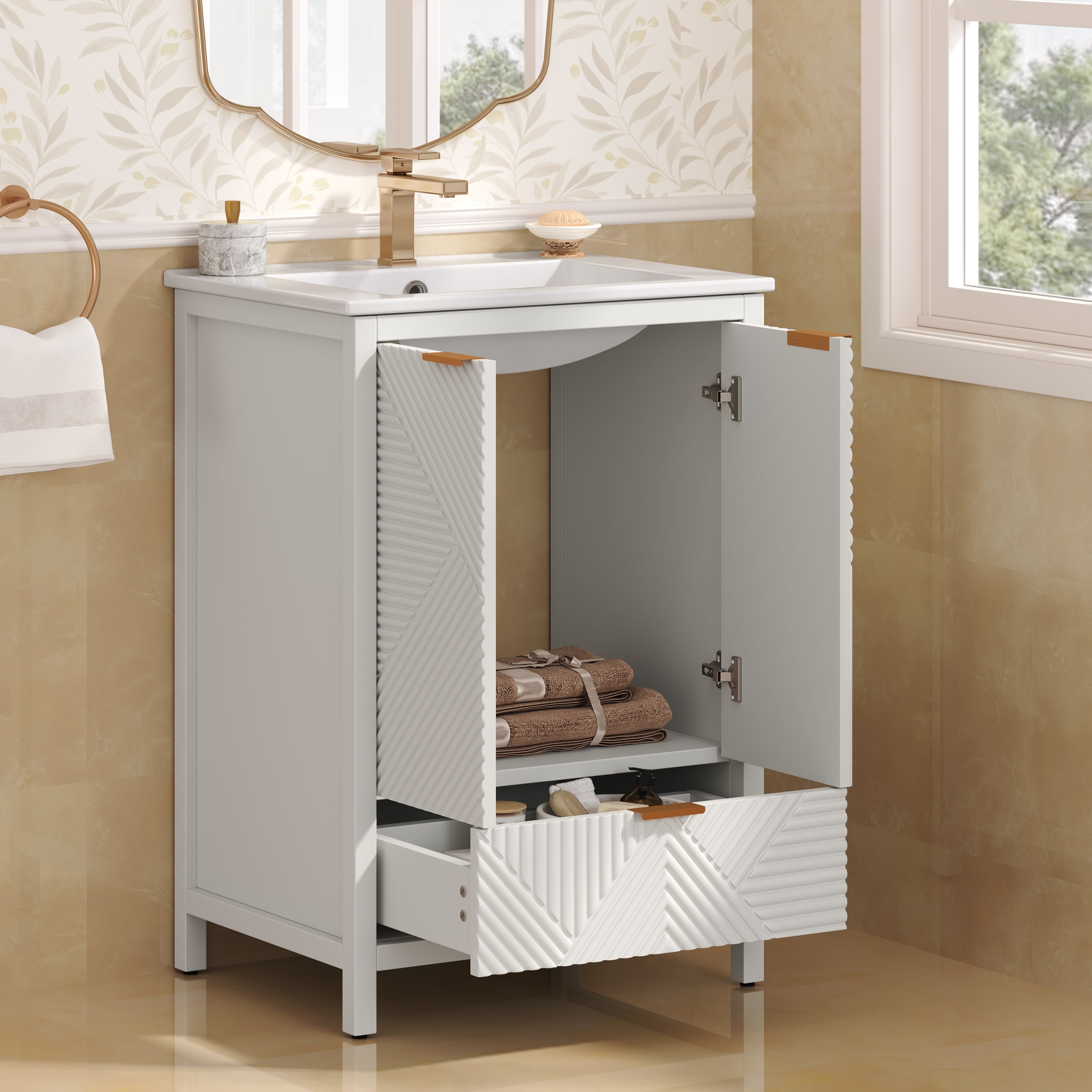 24-inch white vanity with pine legs, side profile detail
