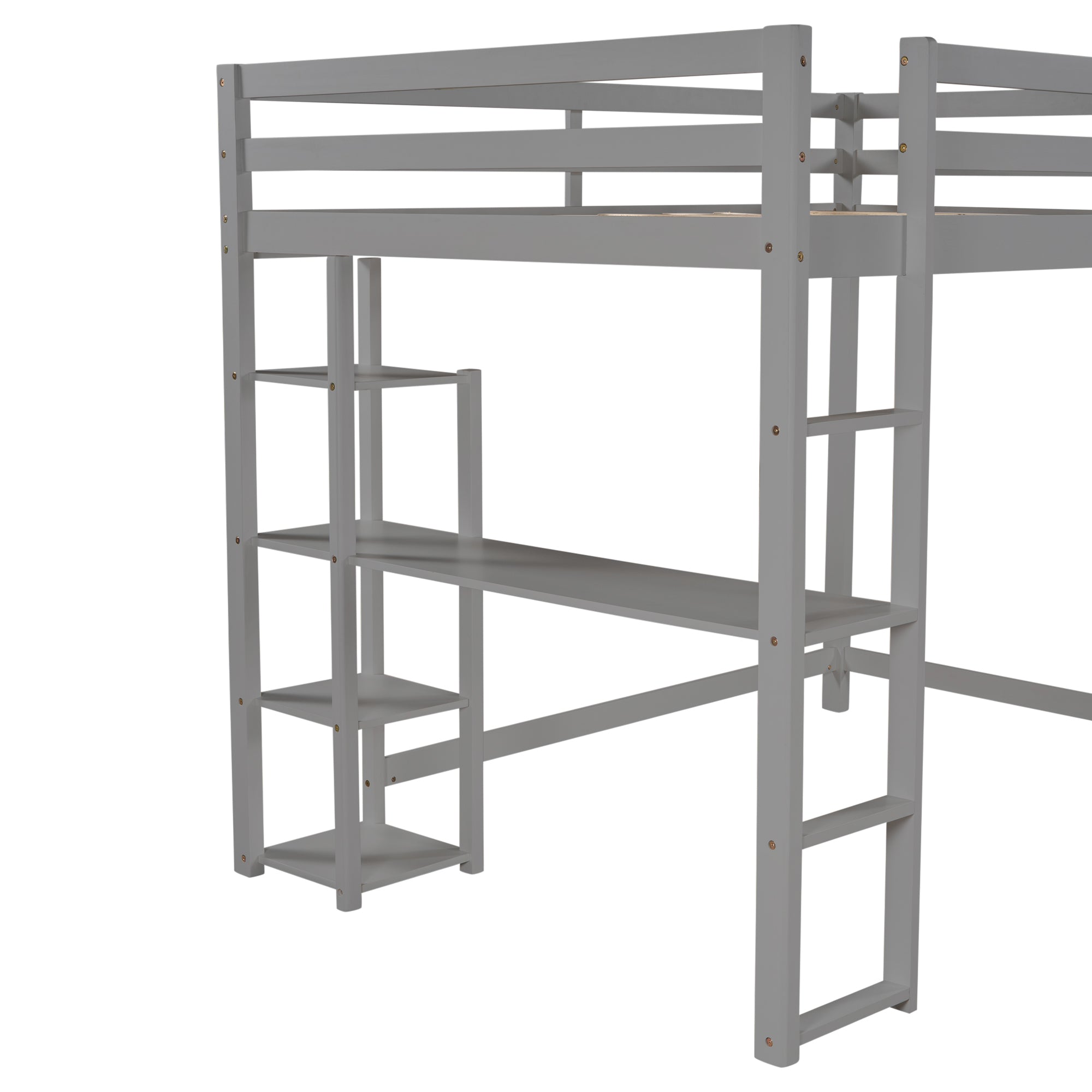 Full Size Loft Bed with Built-in Desk and Shelves,Gray