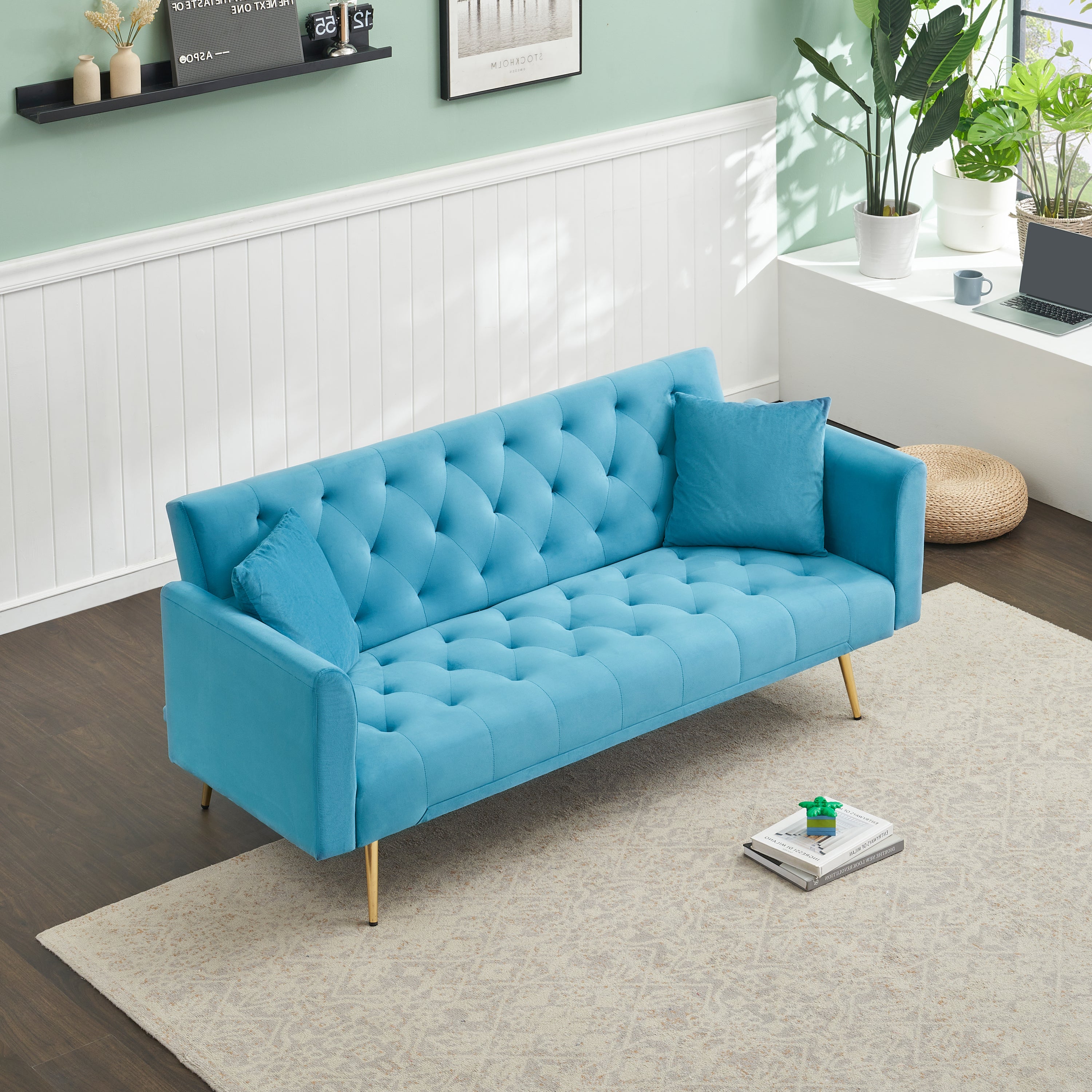 71 inch convertible love seat sofa, American retro, light blue velvet, suitable for small living room, bedroom, office