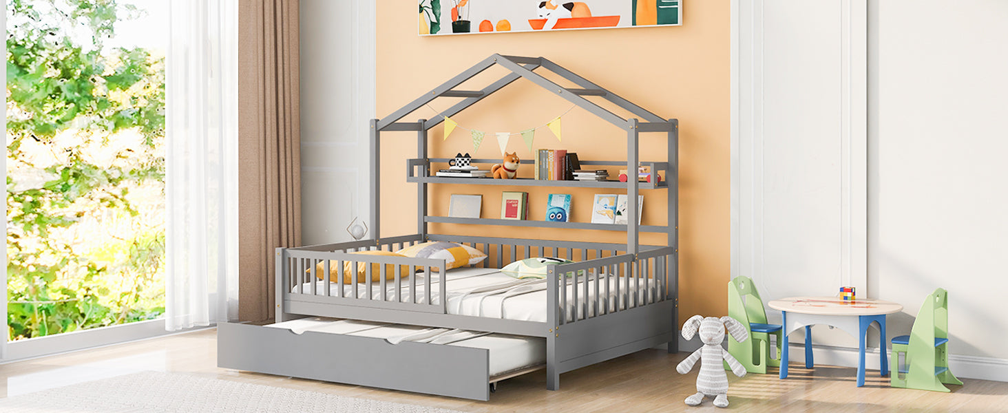 Wooden Full Size House Bed with Twin Size Trundle,Kids Bed with Shelf, Gray