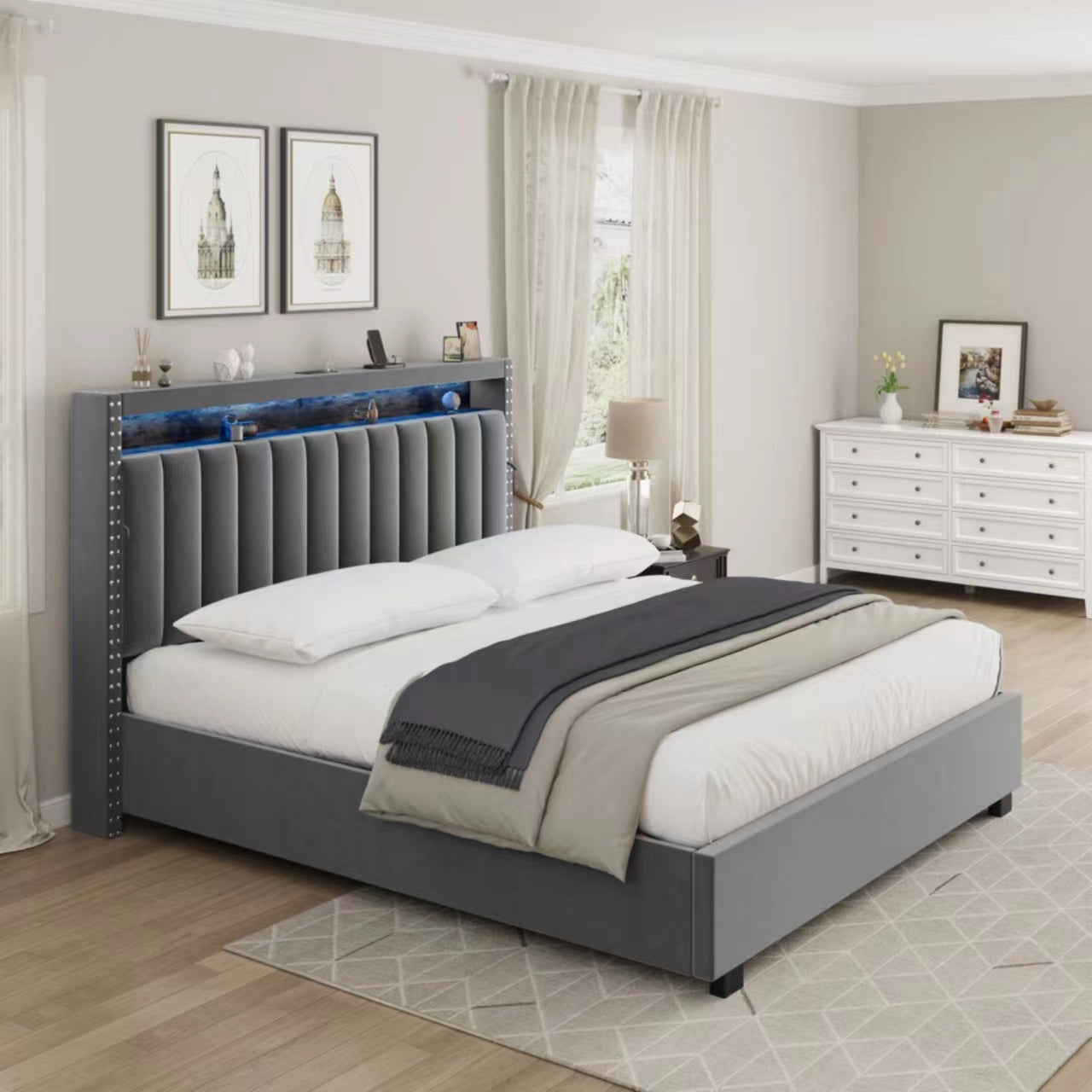 Luxury Gas Lift Storage Bed with RF LED Lights, Storage Headboard ,QUEEN Size ,Velvet Grey