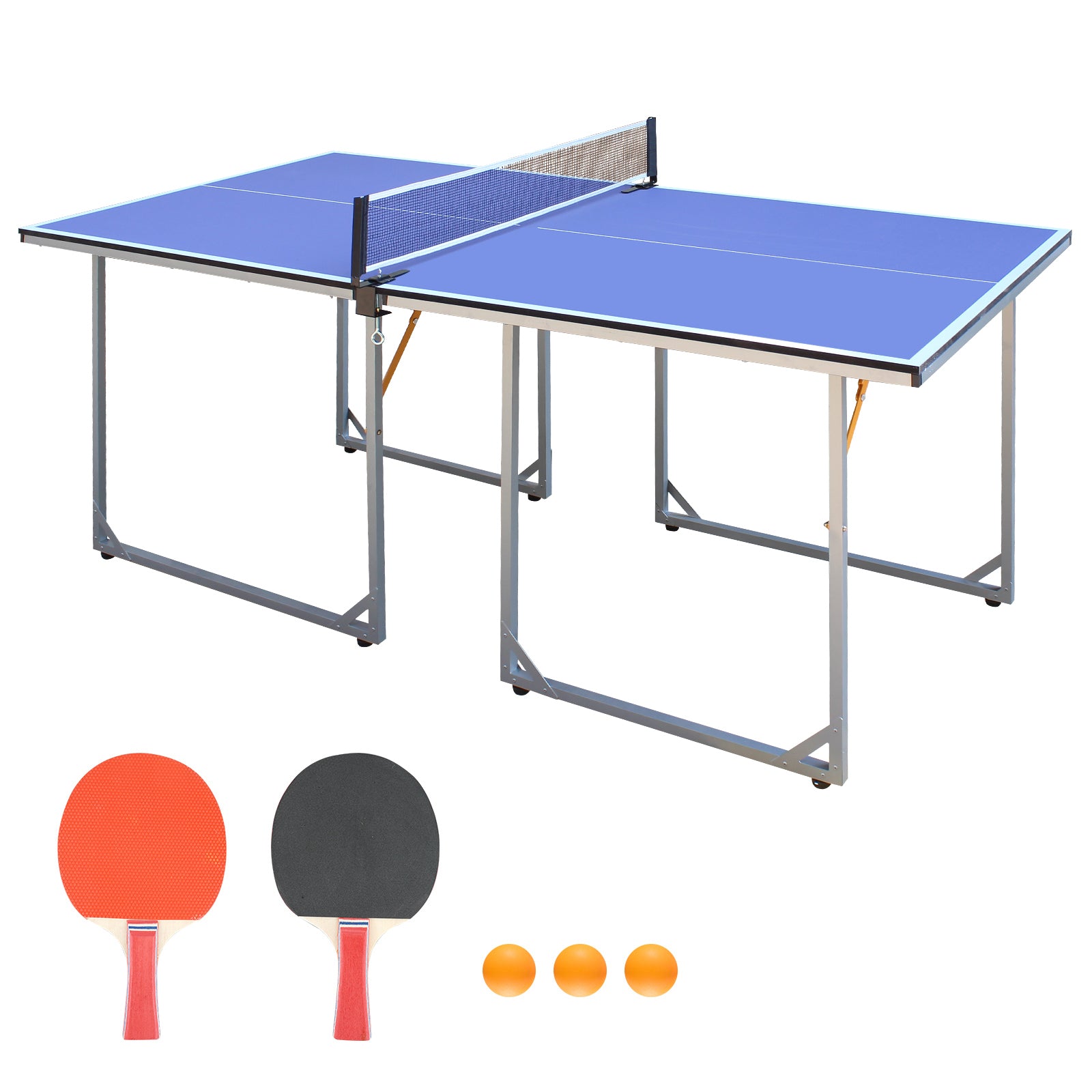 6ft Mid-Size Table Tennis Table Foldable & Portable Ping Pong Table Set for Indoor & Outdoor Games with Net, 2 Table Tennis Paddles and 3 Balls