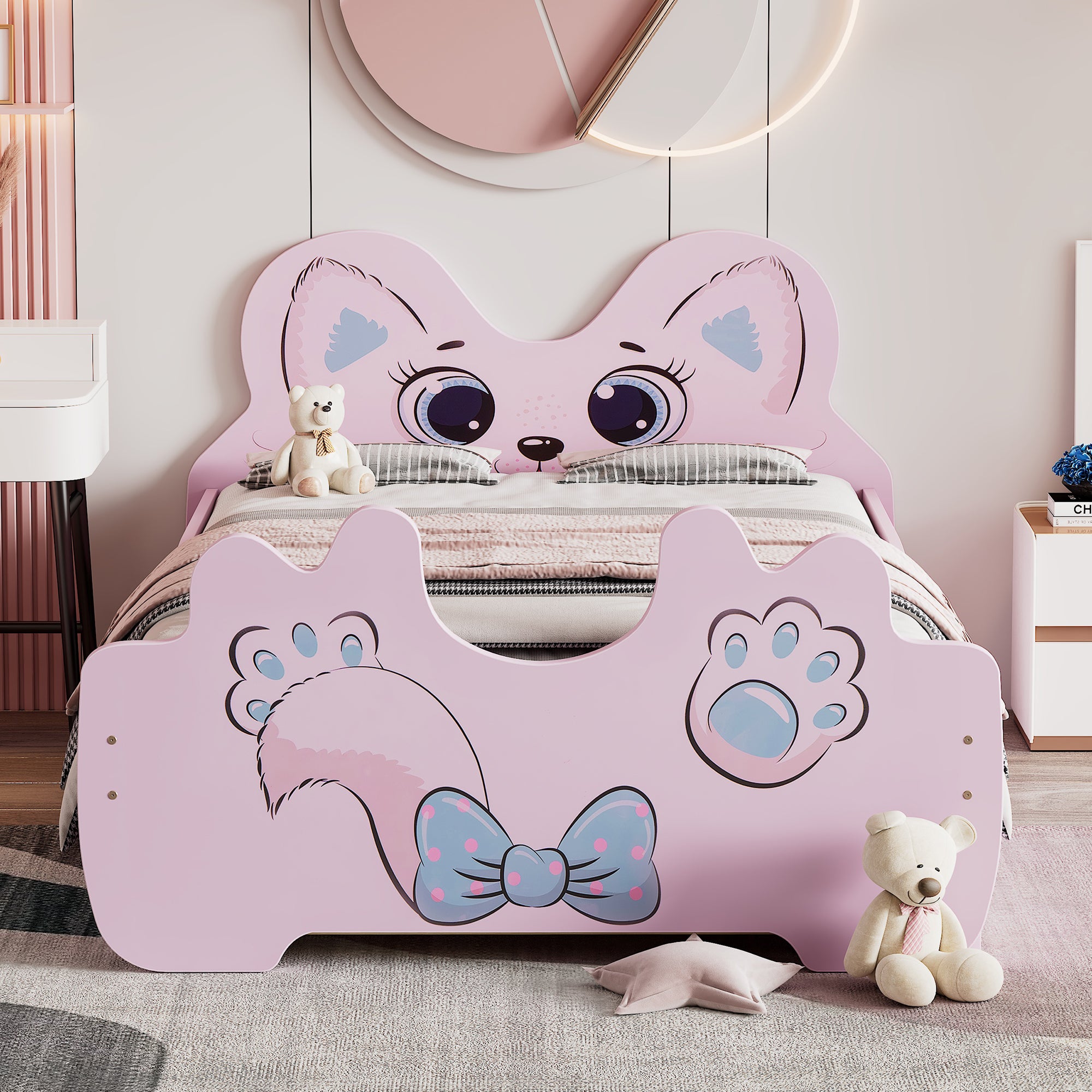 Cartoon Twin Size Platform Bed with Trundle, Pink