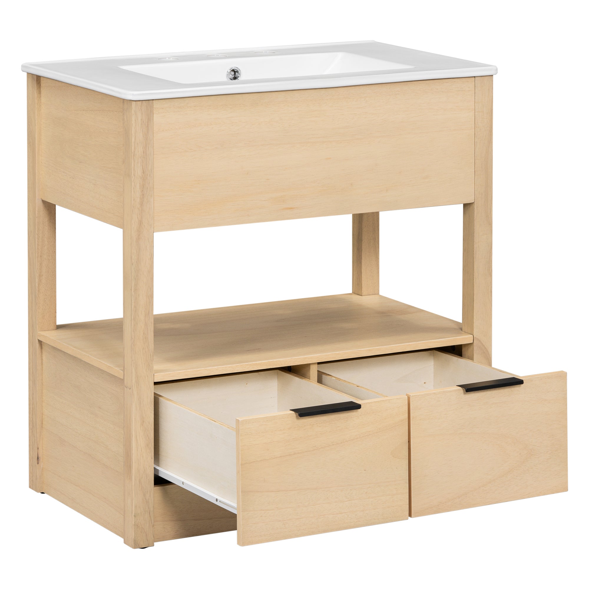 30" Bathroom Vanity with Sink Top, Bathroom Cabinet with Open Storage Shelf and Two Drawers, One Package, Natural (Old Sku:WF311619AAD)