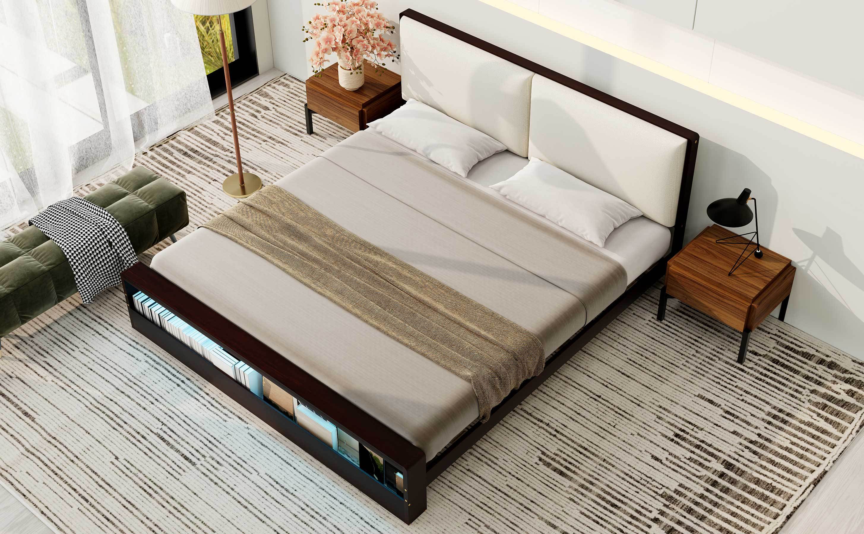 King Size Platform Bed Frame with Upholstery Headboard and  Bookshelf in Footboard and LED Light Strips, Espresso