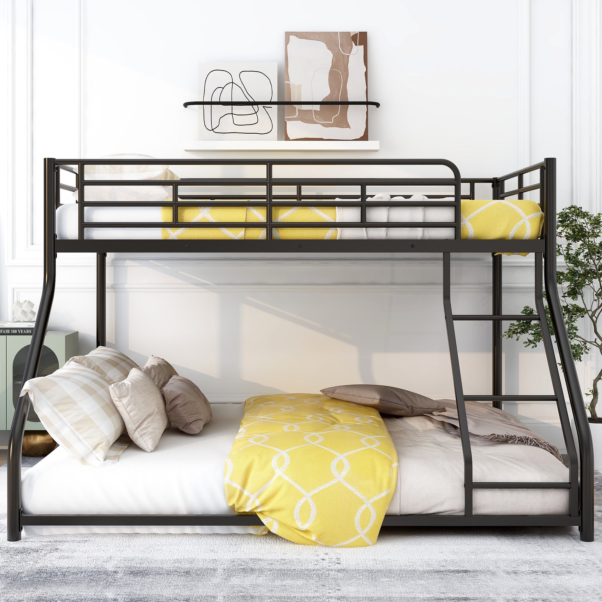 Metal Floor Bunk Bed, Twin XL over Queen, Black