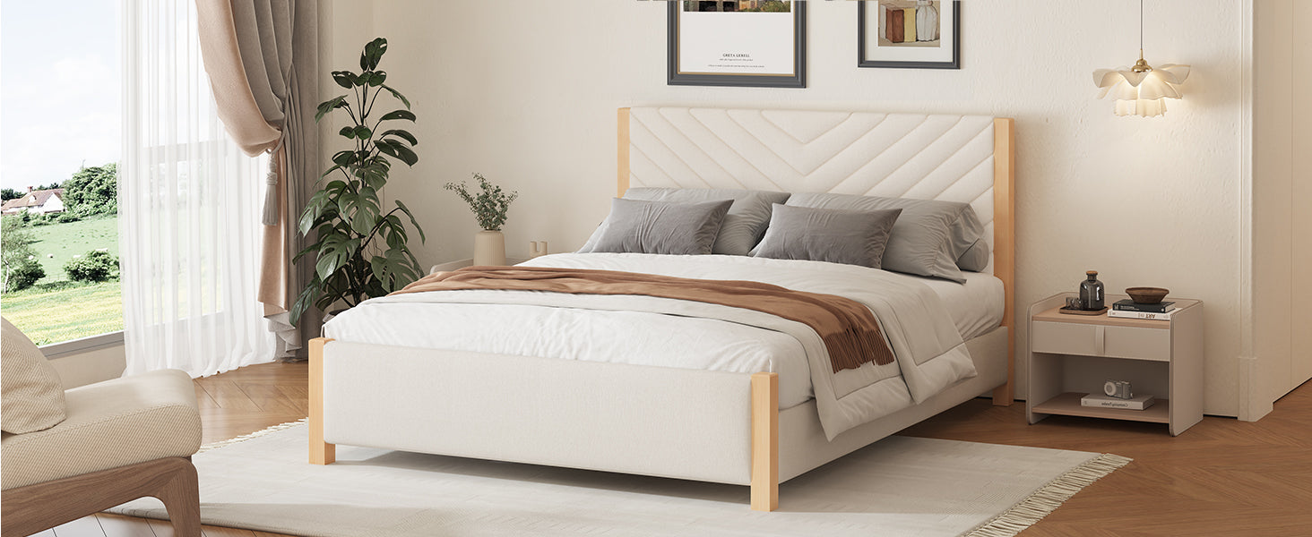 Modern Mid-Century Queen Upholstered Platform Bed Frame with Tufted Headboard and Solid Wood Legs,No Box Spring Needed,Beige