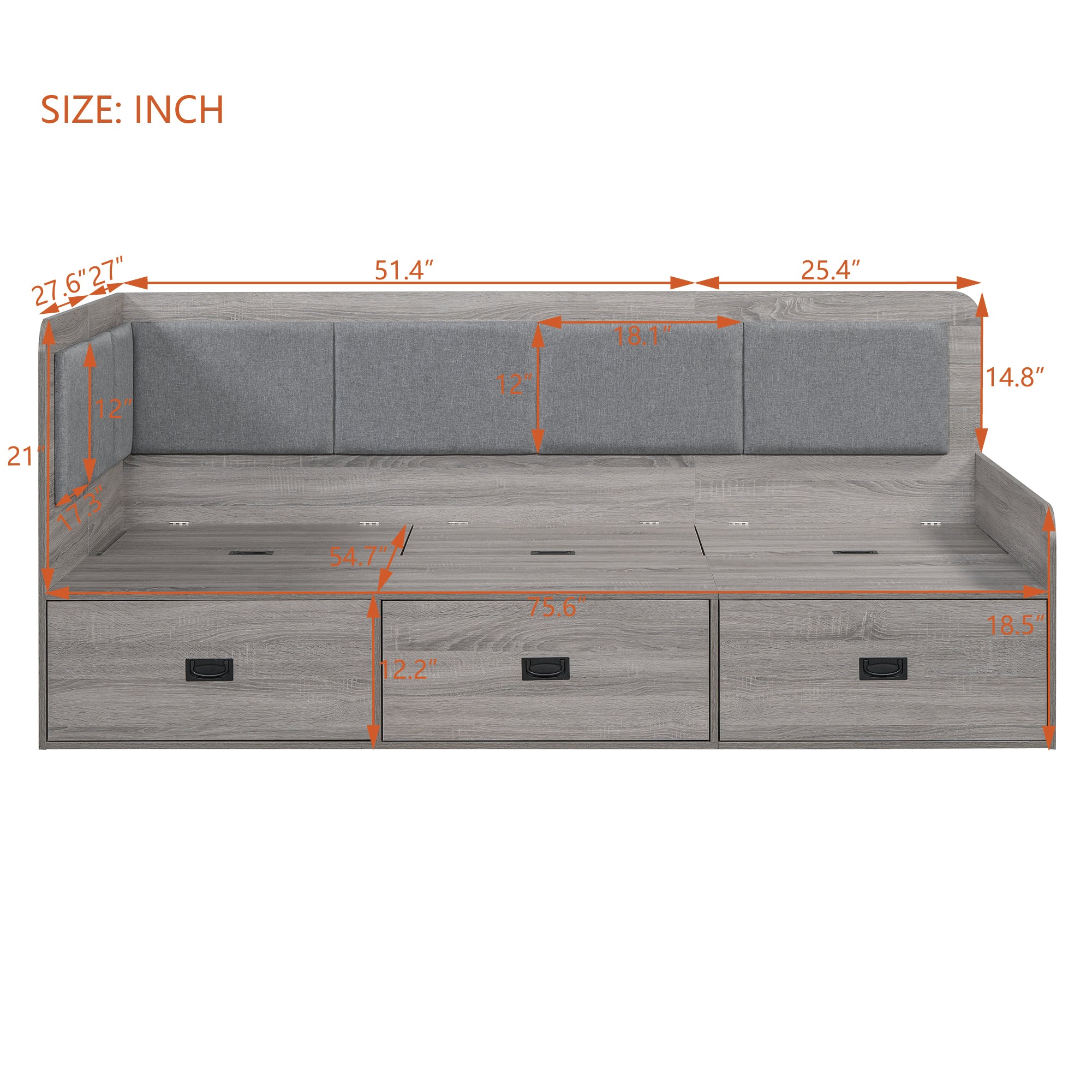 Full Size Daybed with Three Drawers and Three Storage Compartments, Gray