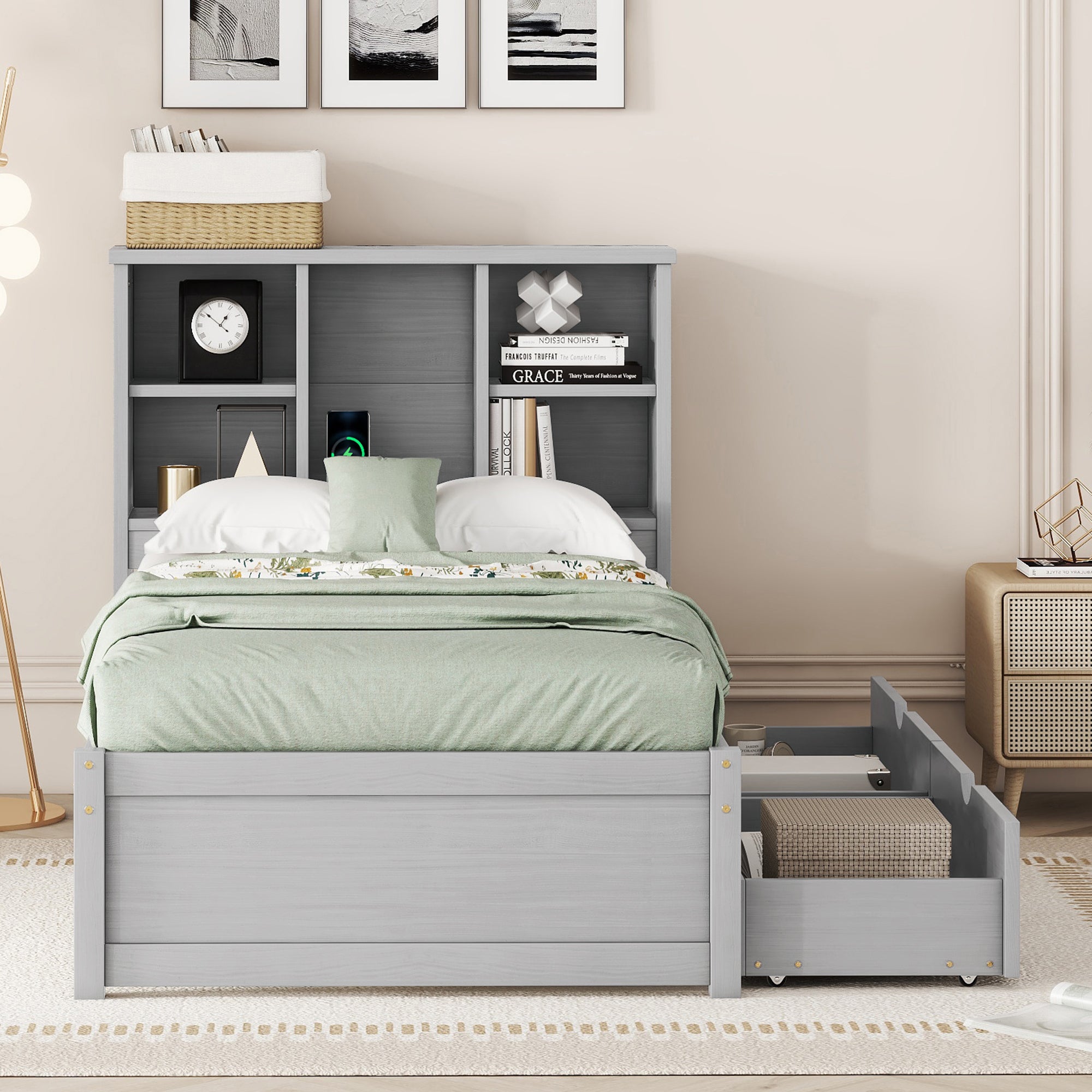 Modern Twin Size Bed Frame With Built-in USB Port on Bookcase Headboard and 2 Drawers for Grey Color