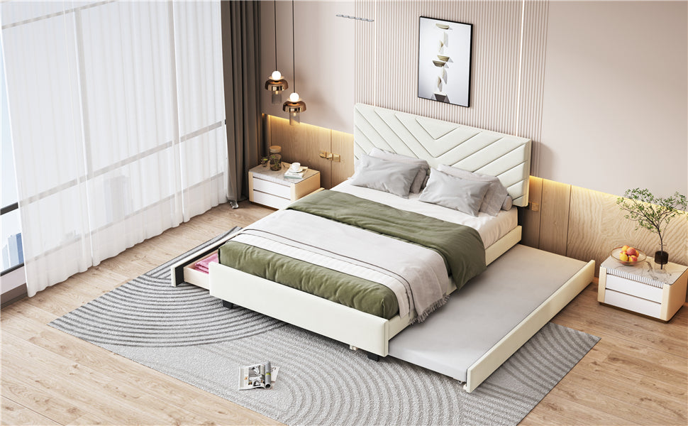 Queen Size Upholstered Platform Bed with Twill Headboard, Pullout Bed and Two Drawers, Flannel, Beige