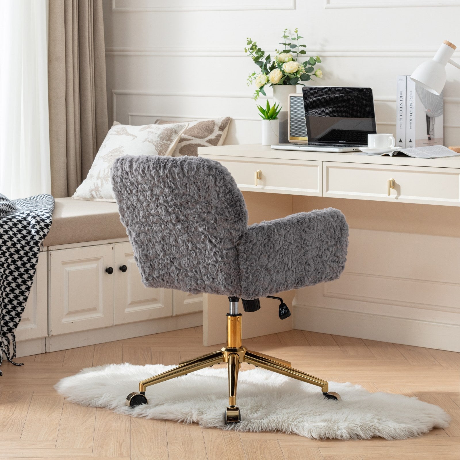 A&A Furniture Office Chair,Artificial rabbit hair Home Office Chair with Golden Metal Base,Adjustable Desk Chair Swivel Office Chair,Vanity Chair(Gray)