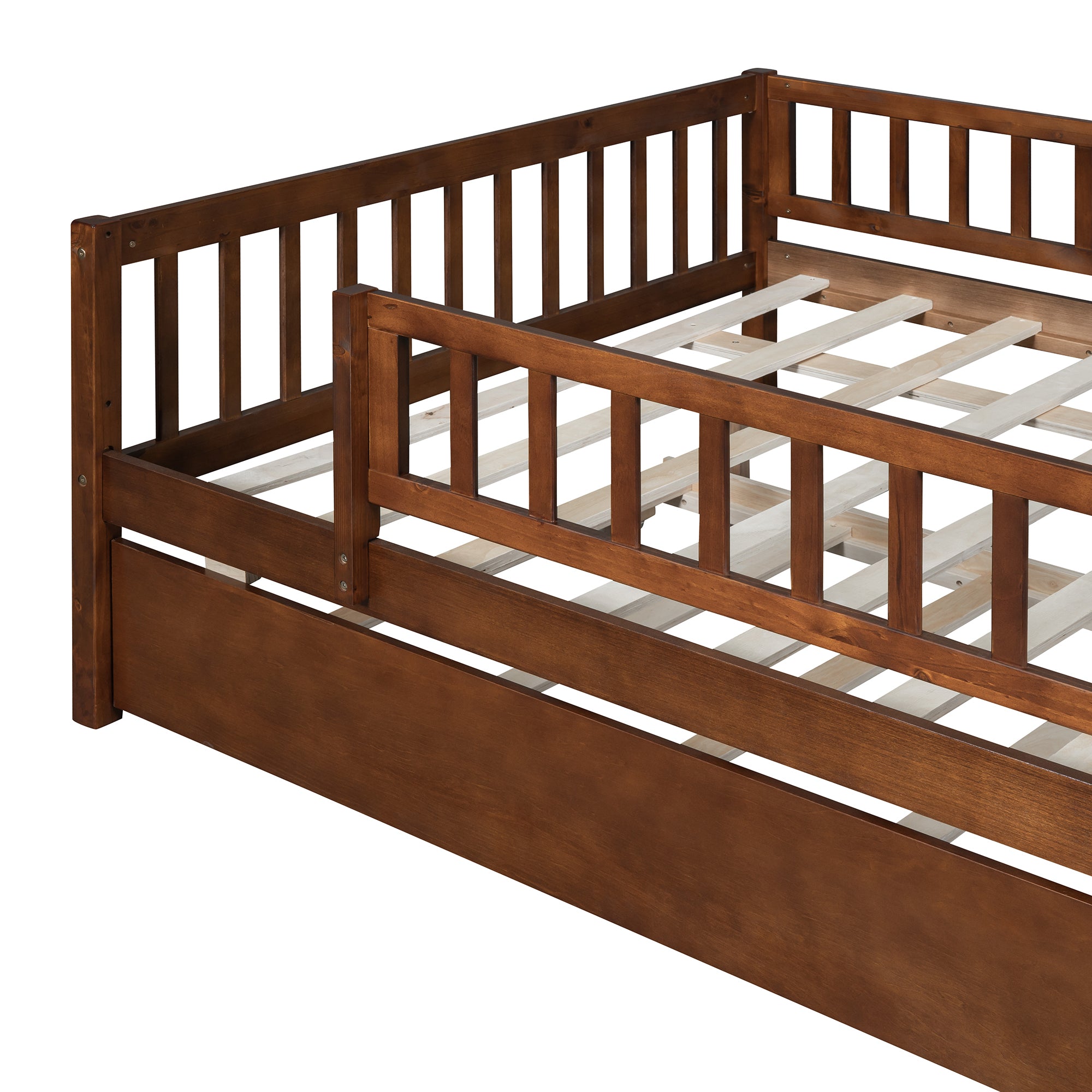 Full Size Wood Daybed with Trundle and Fence Guardrails, Walnut