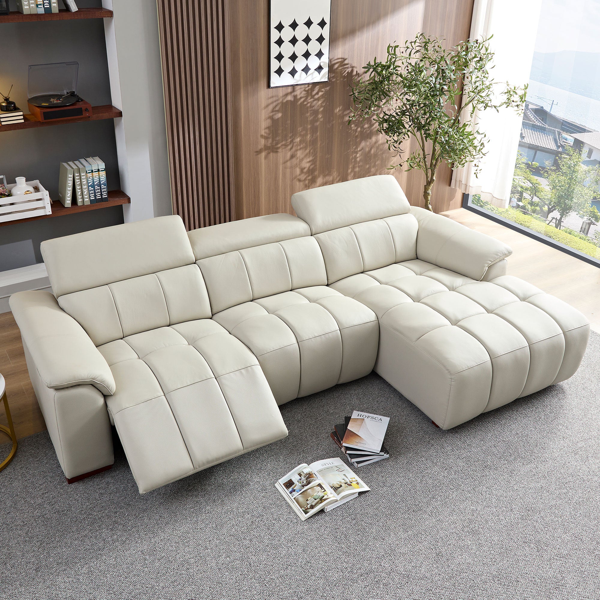 Wall-Hugger Reclining Sofa Modern Electric Control Genuine Leather L Shaped Couch,Lounge Seat Theater Seating Furniture with USB Port, Sofa with Headrest & Footrest for Living Room,Apartment,Office