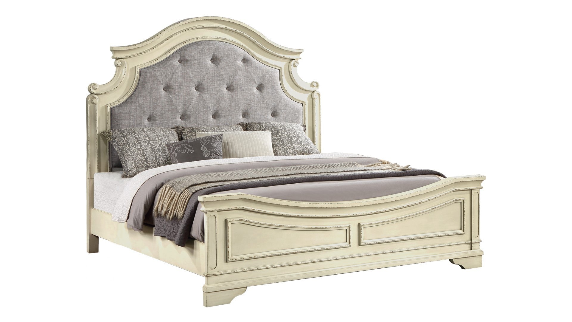 Traditional Style King Bed with Button Tufted Upholstery Headboard Made with Wood in Antique Beige