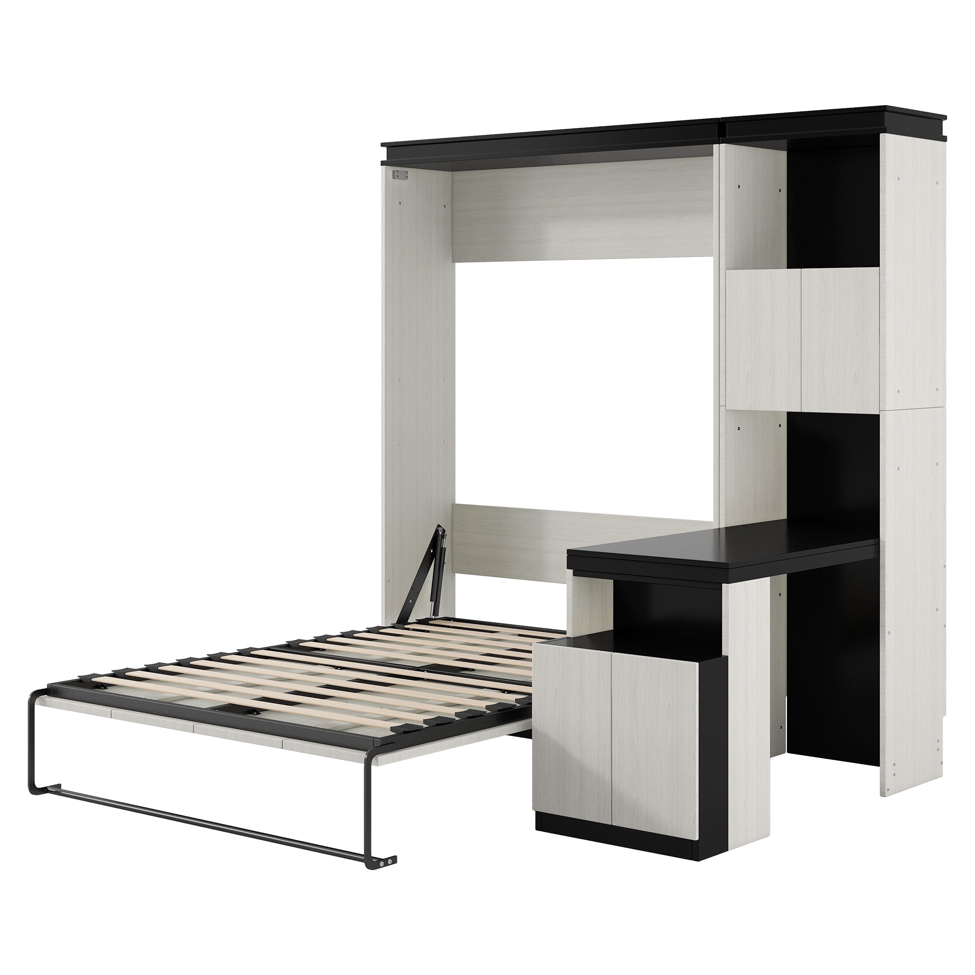 Full Size Murphy Bed with Desk and Storage Shelves and  Cabinets, Black+White