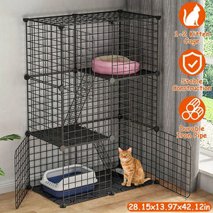 3 Tier Cat Playpen Cage Metal Indoor Cat House Detachable Kitten House with 3 Doors 2 Ladders Large Cat Exercise Place for 1-2 Cats Black