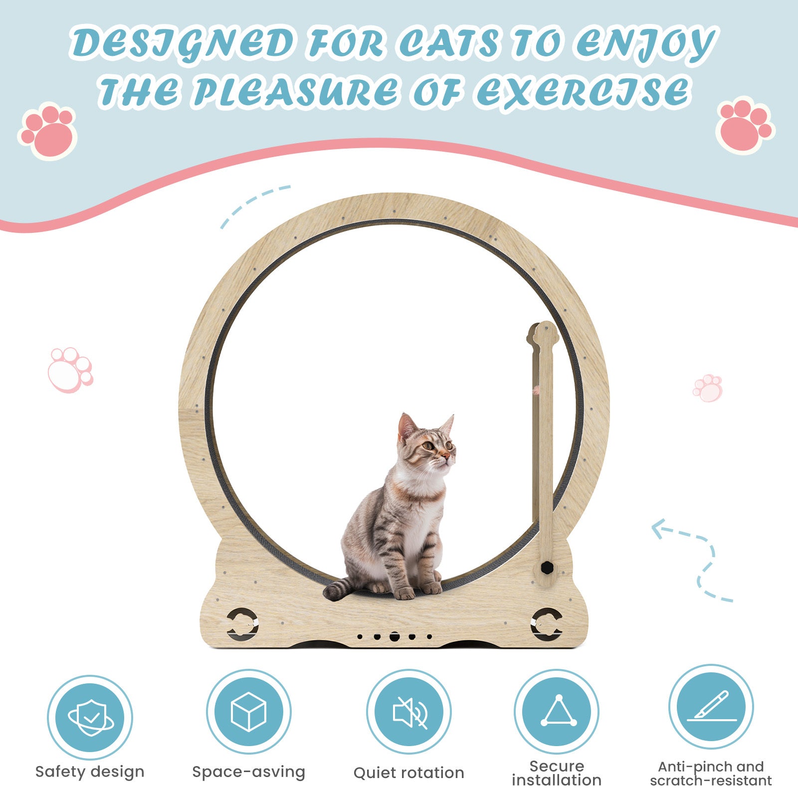 Cat Exercise Wheel - Indoor Cat Treadmill with Carpeted Running Track, Cat Exercise Wheel with Teaser Equipment, Safety Cat Treadmill with Locking Latch, Natural Wood, 39.4 "L x 13.2 "W x 41.3 "H